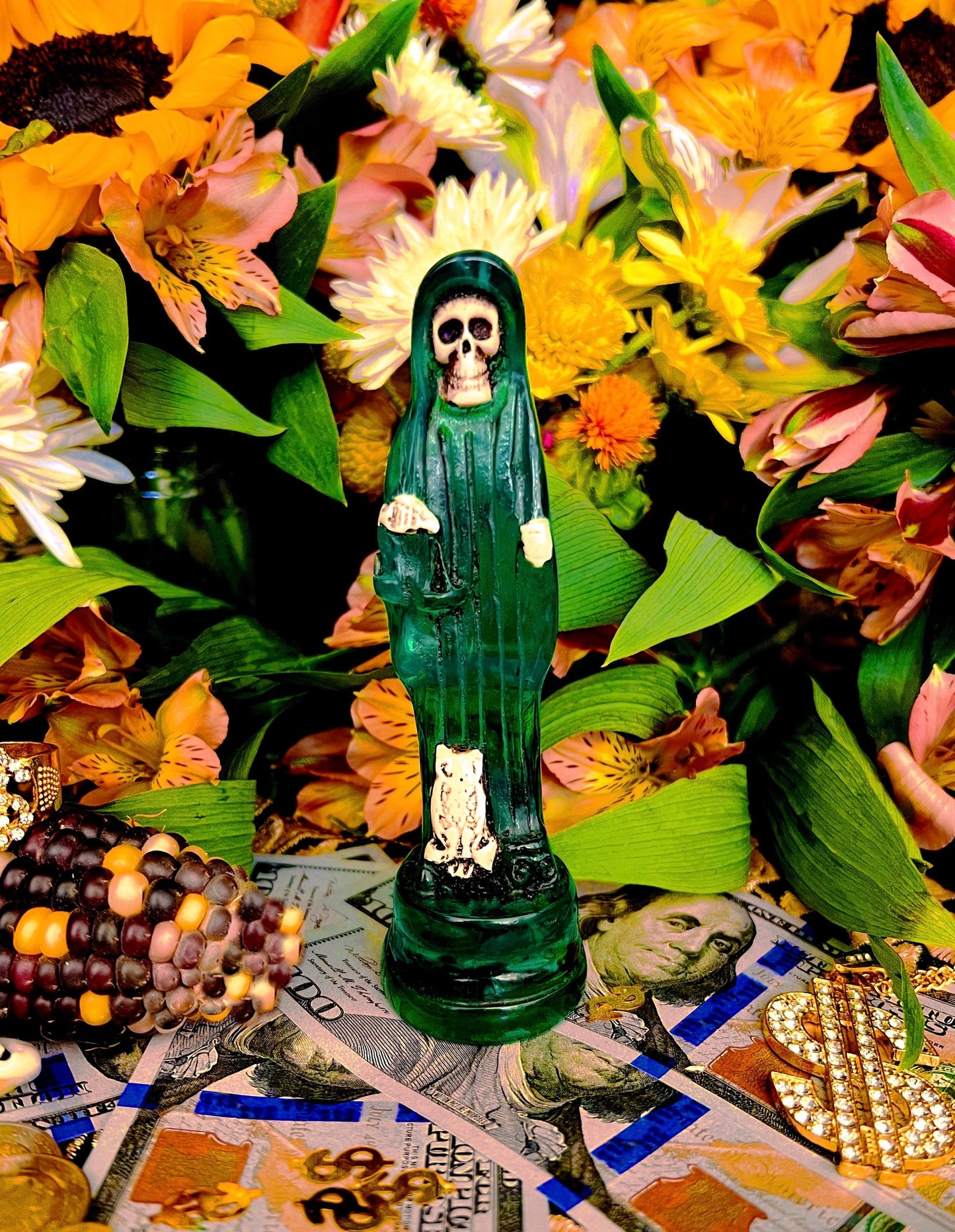 Santa Muerte Verde Statue + Green + Money + Legal Issues + Justice + Transparent + Baptized + Fixed + Made in Mexico