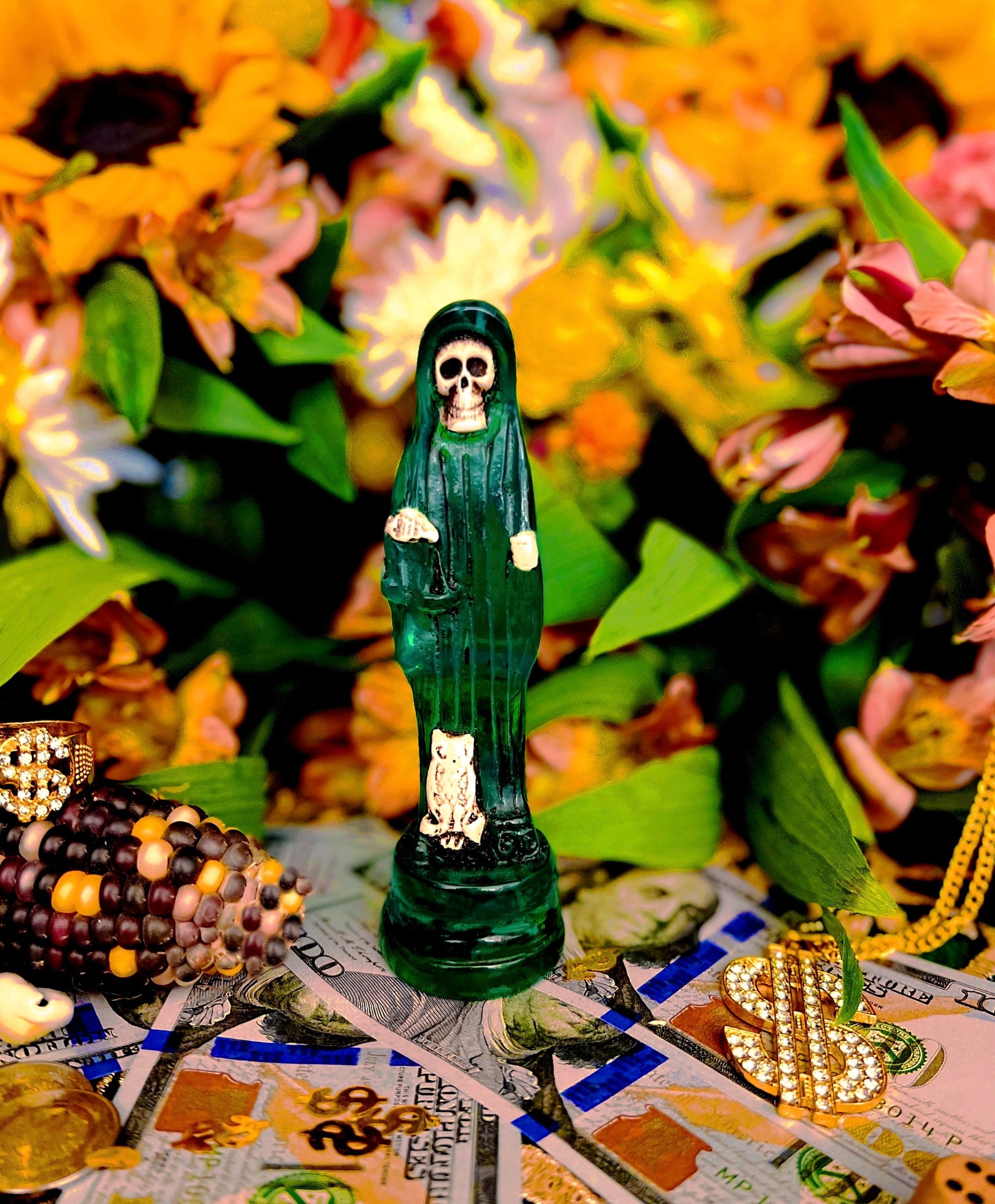 Santa Muerte Verde Statue + Green + Money + Legal Issues + Justice + Transparent + Baptized + Fixed + Made in Mexico