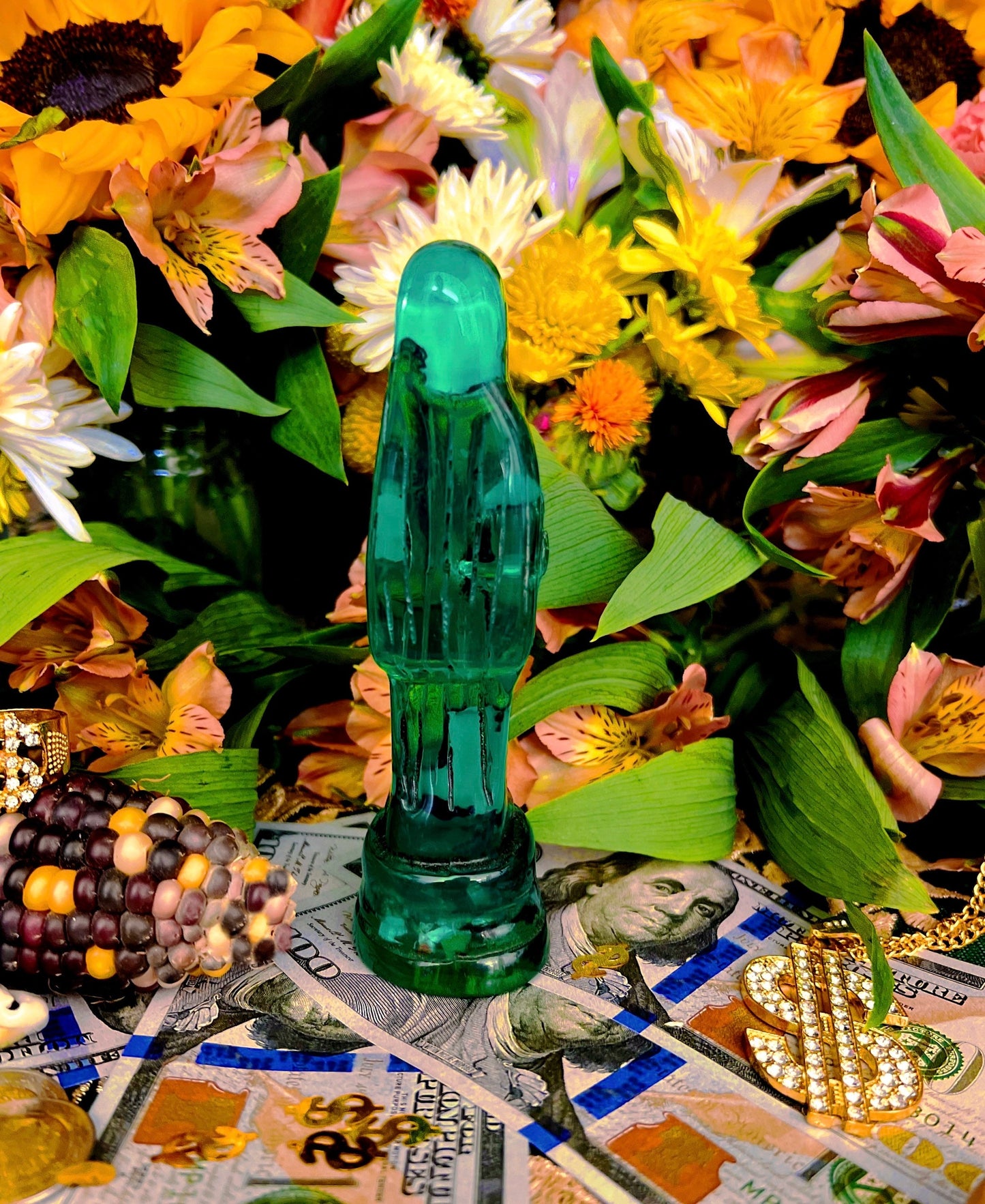 Santa Muerte Verde Statue + Green + Money + Legal Issues + Justice + Transparent + Baptized + Fixed + Made in Mexico