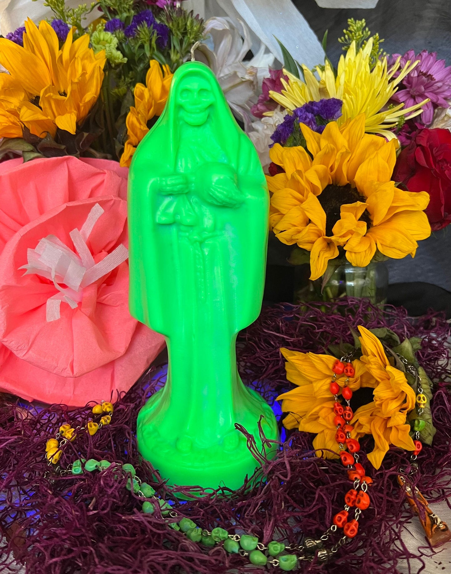 Neon Santa Muerte Figure Candle + Blessed + Glows under Blacklight