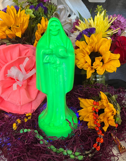 Neon Santa Muerte Figure Candle + Blessed + Glows under Blacklight