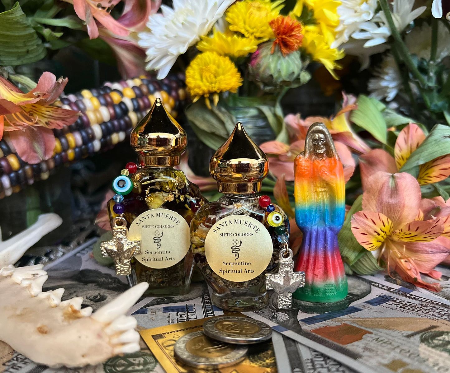 Santa Muerte Siete Colores Oil + All-Purpose + Love + Luck + Money + Siete Potencias