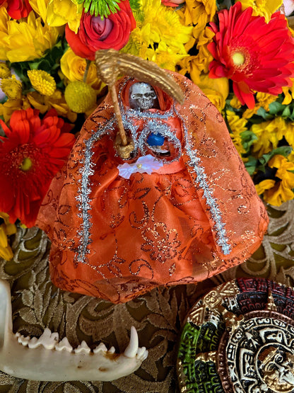 Santa Muerte Naranja Statue with Dress + Baptized + Fixed + Made in Mexico + Orange + Abre Camino + Transformation + Overcoming Addiction