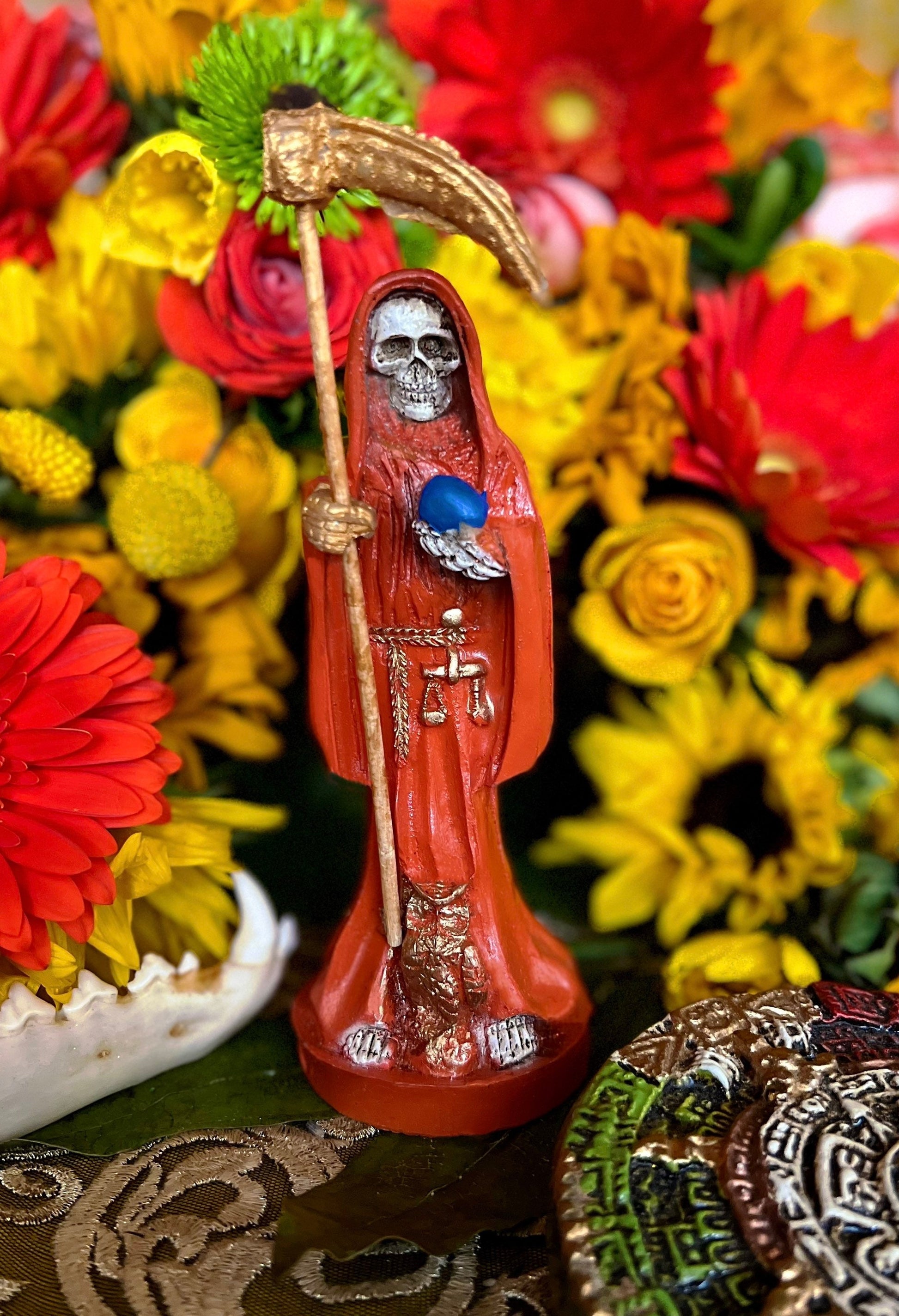 Santa Muerte Naranja Statue with Dress + Baptized + Fixed + Made in Mexico + Orange + Abre Camino + Transformation + Overcoming Addiction