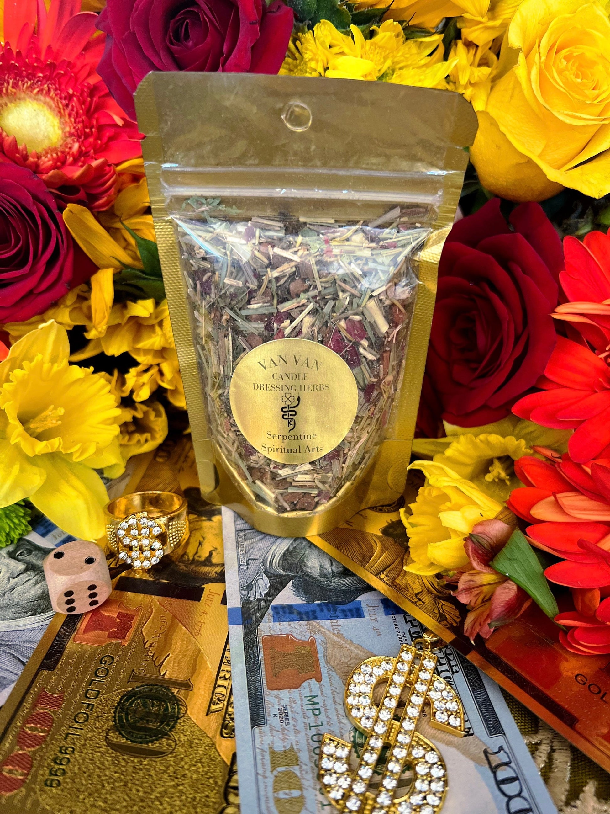 Van Van Candle Dressing Herbs + Luck + Money + Love + Mercury Retrigrade + Blessed