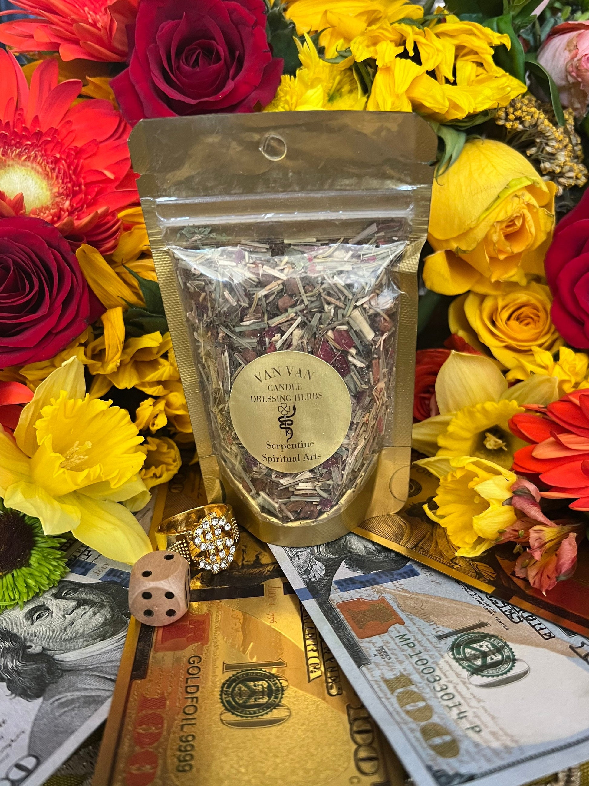 Van Van Candle Dressing Herbs + Luck + Money + Love + Mercury Retrigrade + Blessed