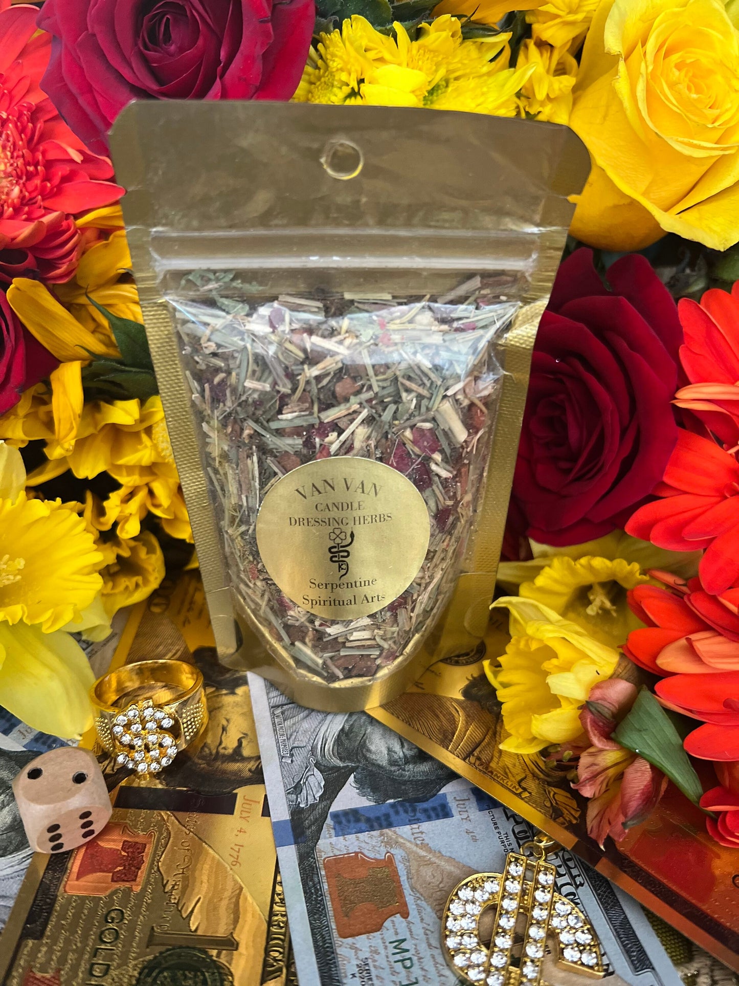 Van Van Candle Dressing Herbs + Luck + Money + Love + Mercury Retrigrade + Blessed