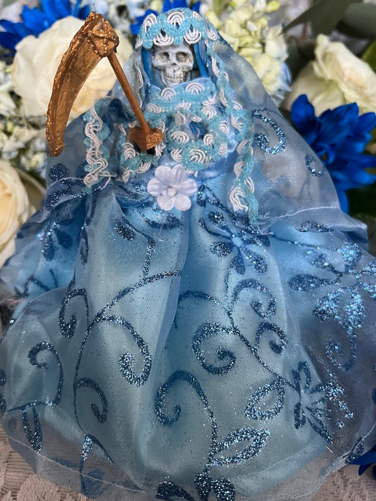 Santa Muerte Azul / Blue Statue with Dress + 24K Gold + Baptized + Fixed + Made in Mexico