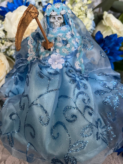 Santa Muerte Azul / Blue Statue with Dress + 24K Gold + Baptized + Fixed + Made in Mexico