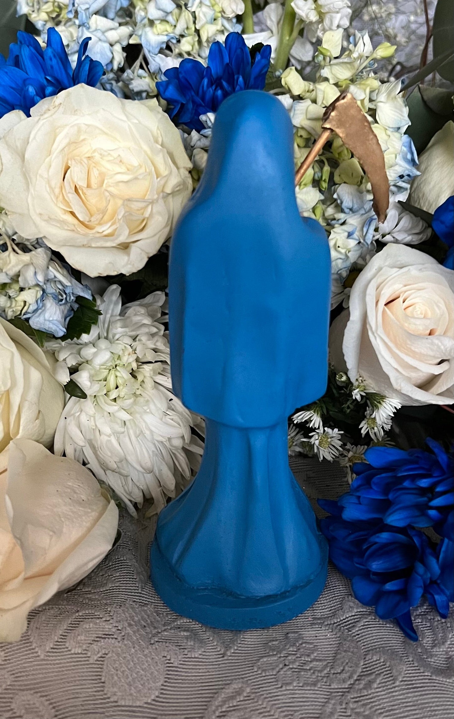 Santa Muerte Azul / Blue Statue with Dress + 24K Gold + Baptized + Fixed + Made in Mexico