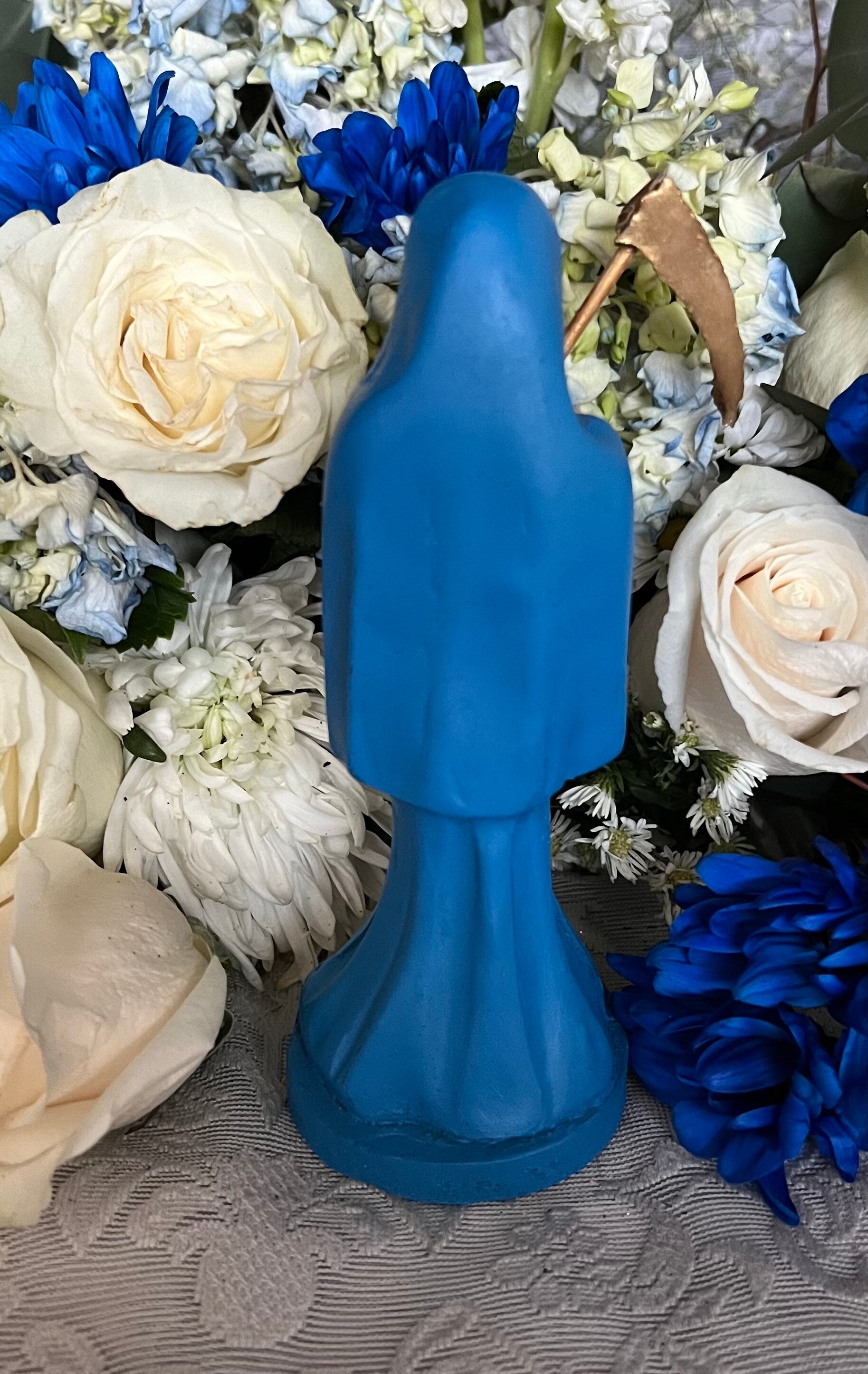 Santa Muerte Azul / Blue Statue with Dress + 24K Gold + Baptized + Fixed + Made in Mexico