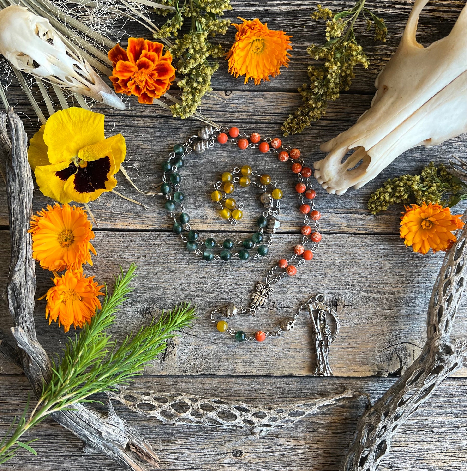 Santa Muerte Abre Camino Rosary + Road Opener + Orange Agate + Blessed + Sterling Silver Plated Chain + Rosario + Gemstone
