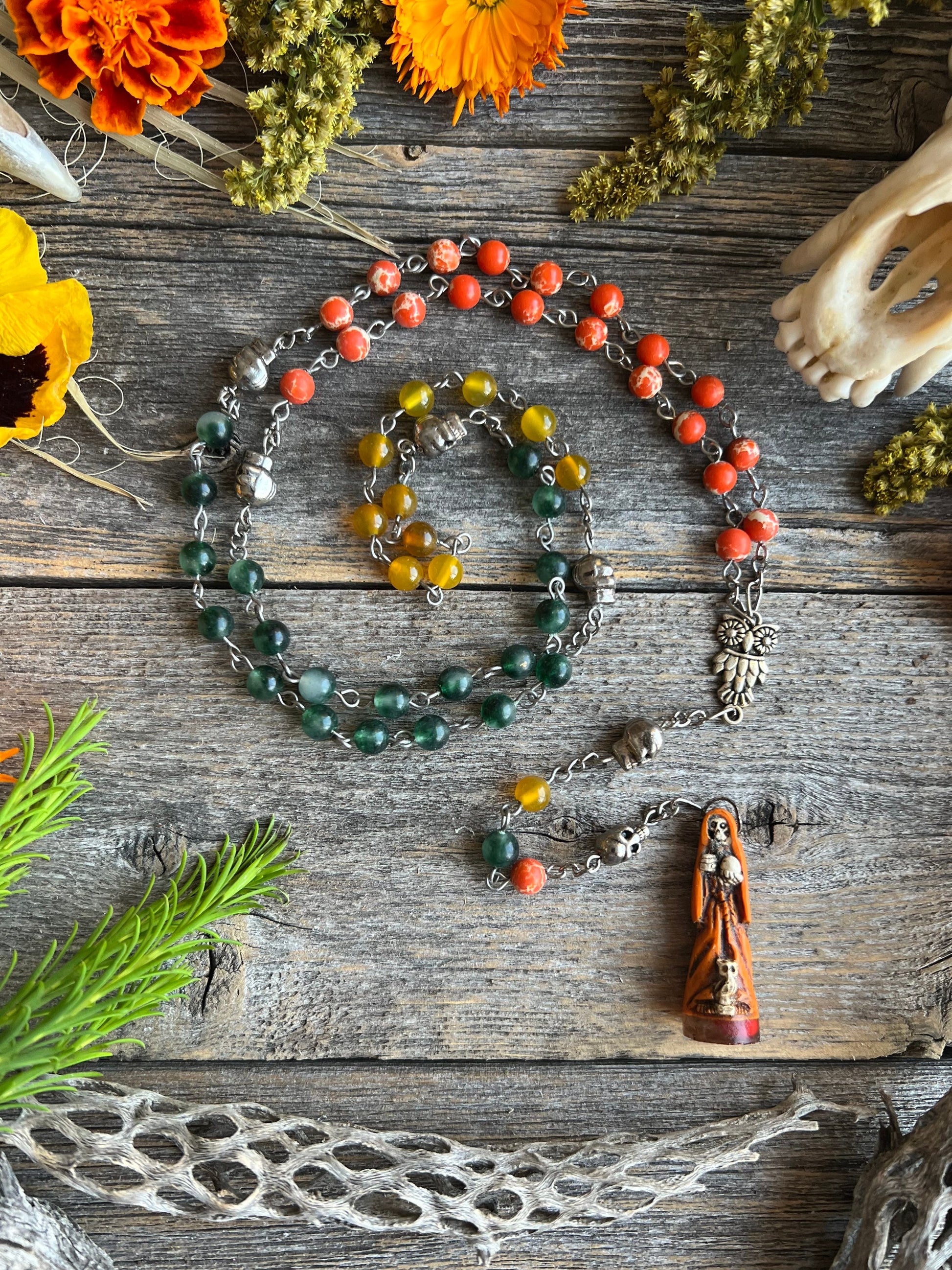 Santa Muerte Abre Camino Rosary + Orange Agate + Blessed + Sterling Silver Plated Chain + Rosario + Gemstone