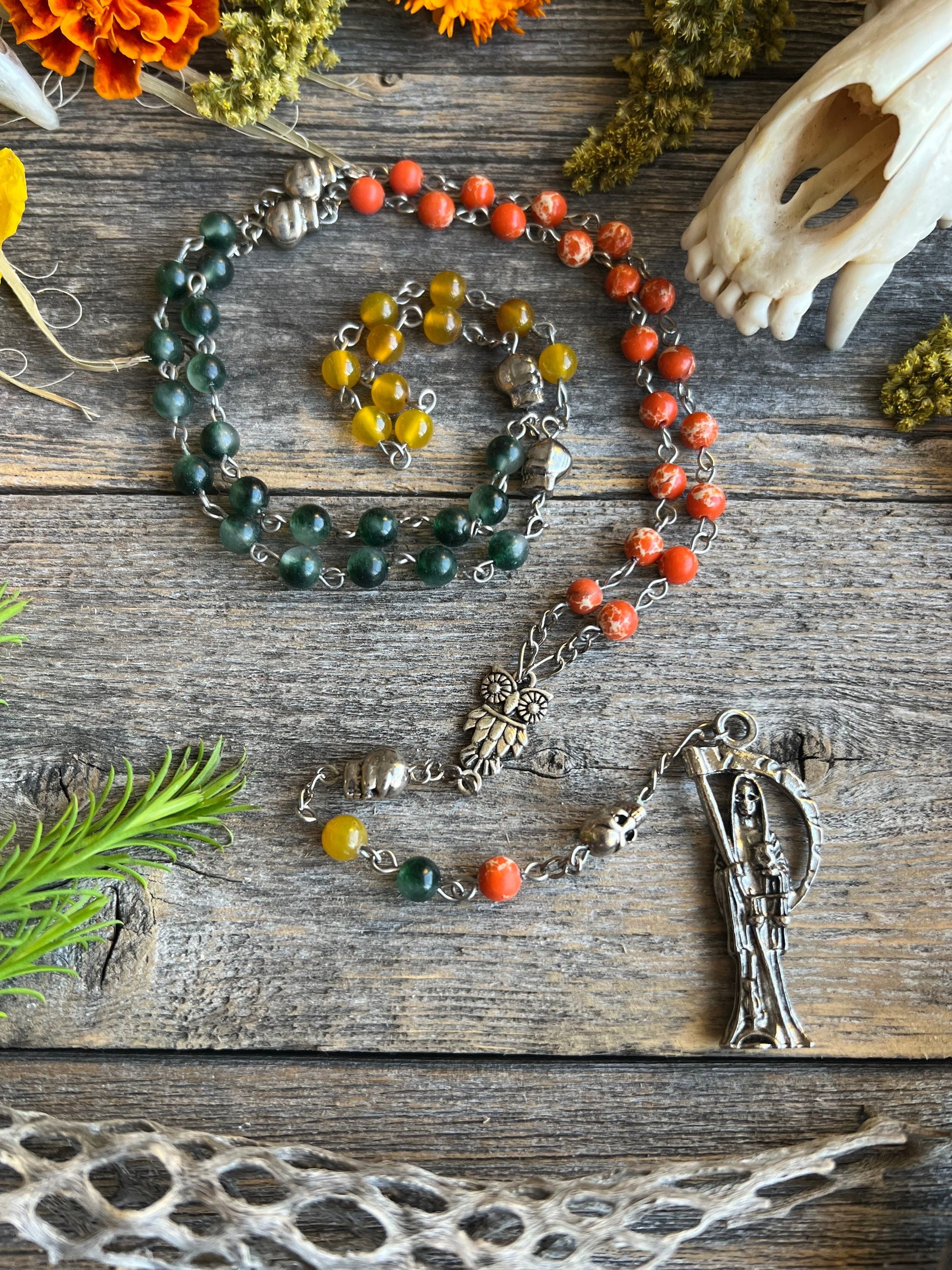 Santa Muerte Abre Camino Rosary + Road Opener + Orange Agate + Blessed + Sterling Silver Plated Chain + Rosario + Gemstone
