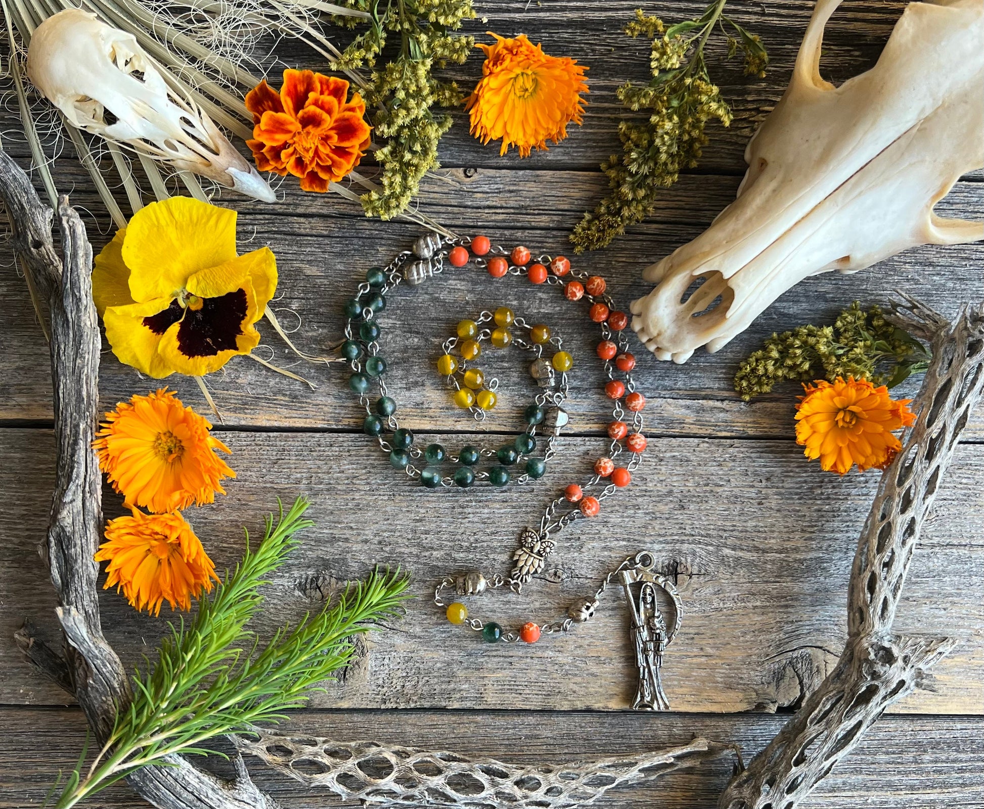 Santa Muerte Abre Camino Rosary + Road Opener + Orange Agate + Blessed + Sterling Silver Plated Chain + Rosario + Gemstone