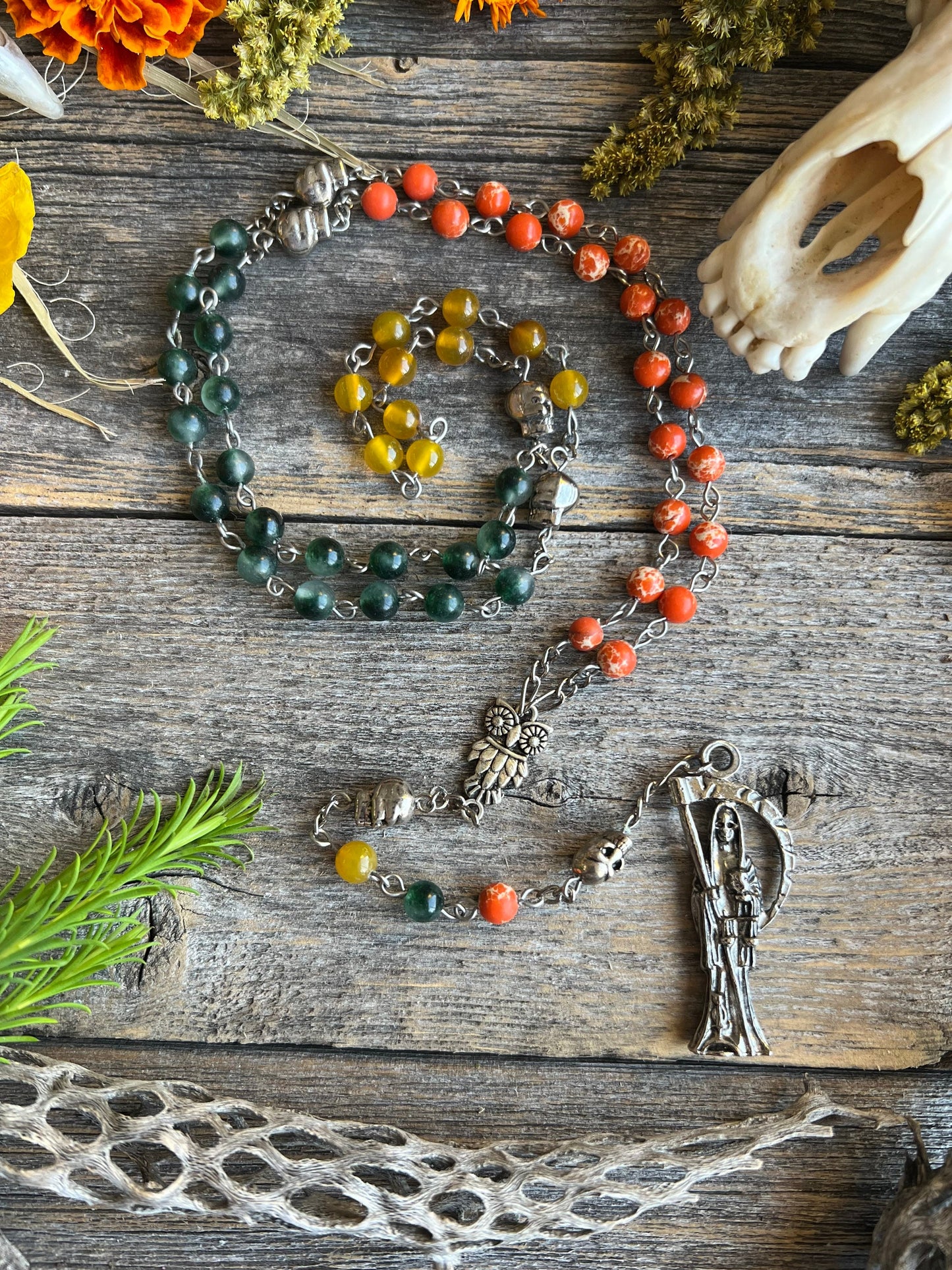 Santa Muerte Abre Camino Rosary + Road Opener + Orange Agate + Blessed + Sterling Silver Plated Chain + Rosario + Gemstone