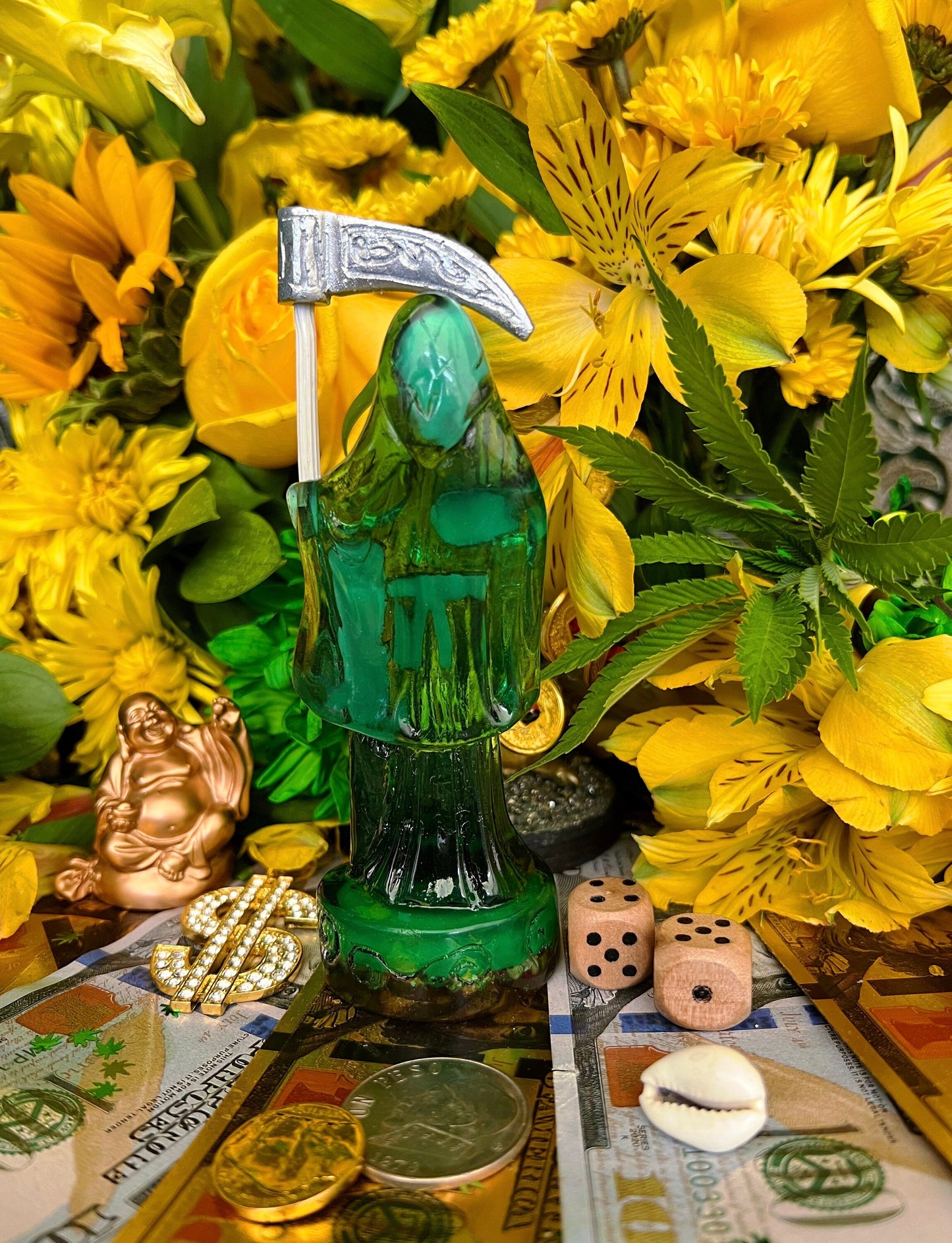Santa Muerte Verde Statue + Green + Money + Legal Issues + Justice + Baptized + Transparent + Fixed + Made in Mexico