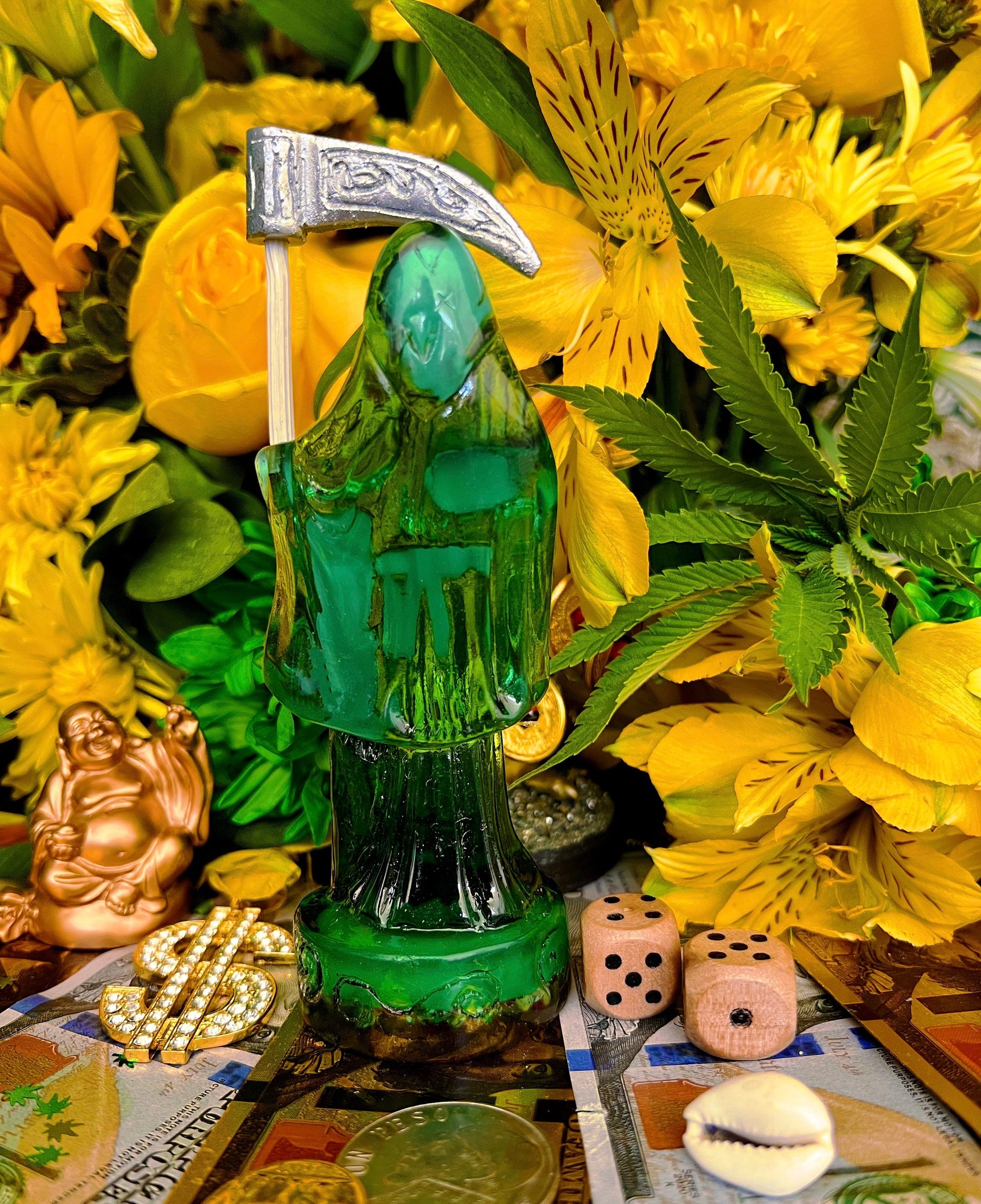 Santa Muerte Verde Statue + Green + Money + Legal Issues + Justice + Baptized + Transparent + Fixed + Made in Mexico