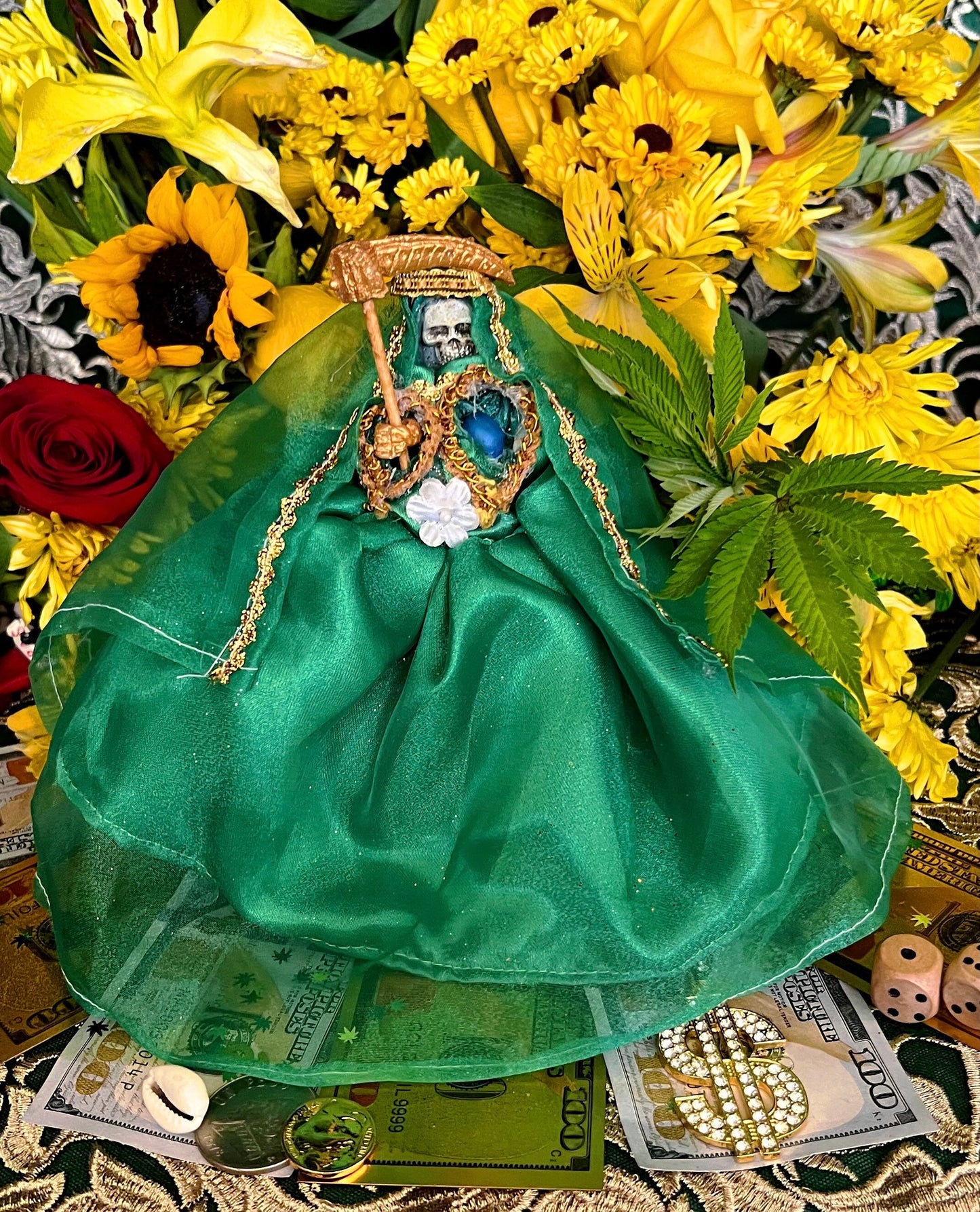 Santa Muerte Verde Statue with Dress + Green + Money + Legal Issues + Justice + Baptized + Fixed + Made in Mexico + 24K Gold Leaf on Scythe