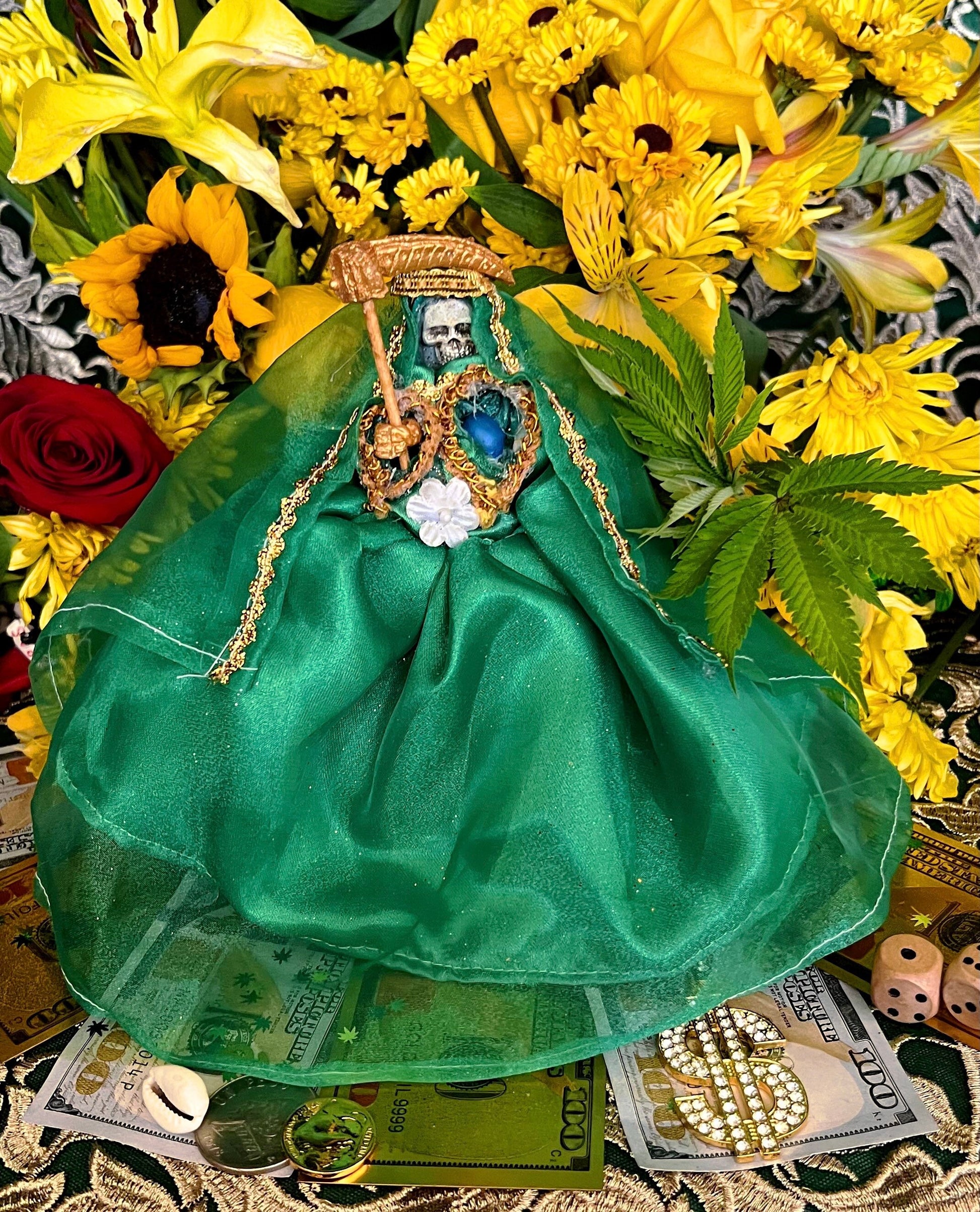 Santa Muerte Verde Statue with Dress + Green + Money + Legal Issues + Justice + Baptized + Fixed + Made in Mexico + 24K Gold Leaf on Scythe