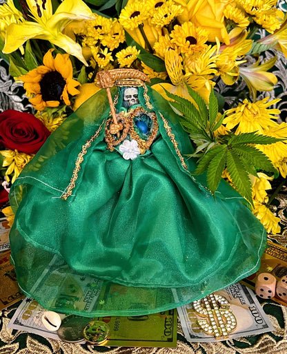 Santa Muerte Verde Statue with Dress + Green + Money + Legal Issues + Justice + Baptized + Fixed + Made in Mexico + 24K Gold Leaf on Scythe