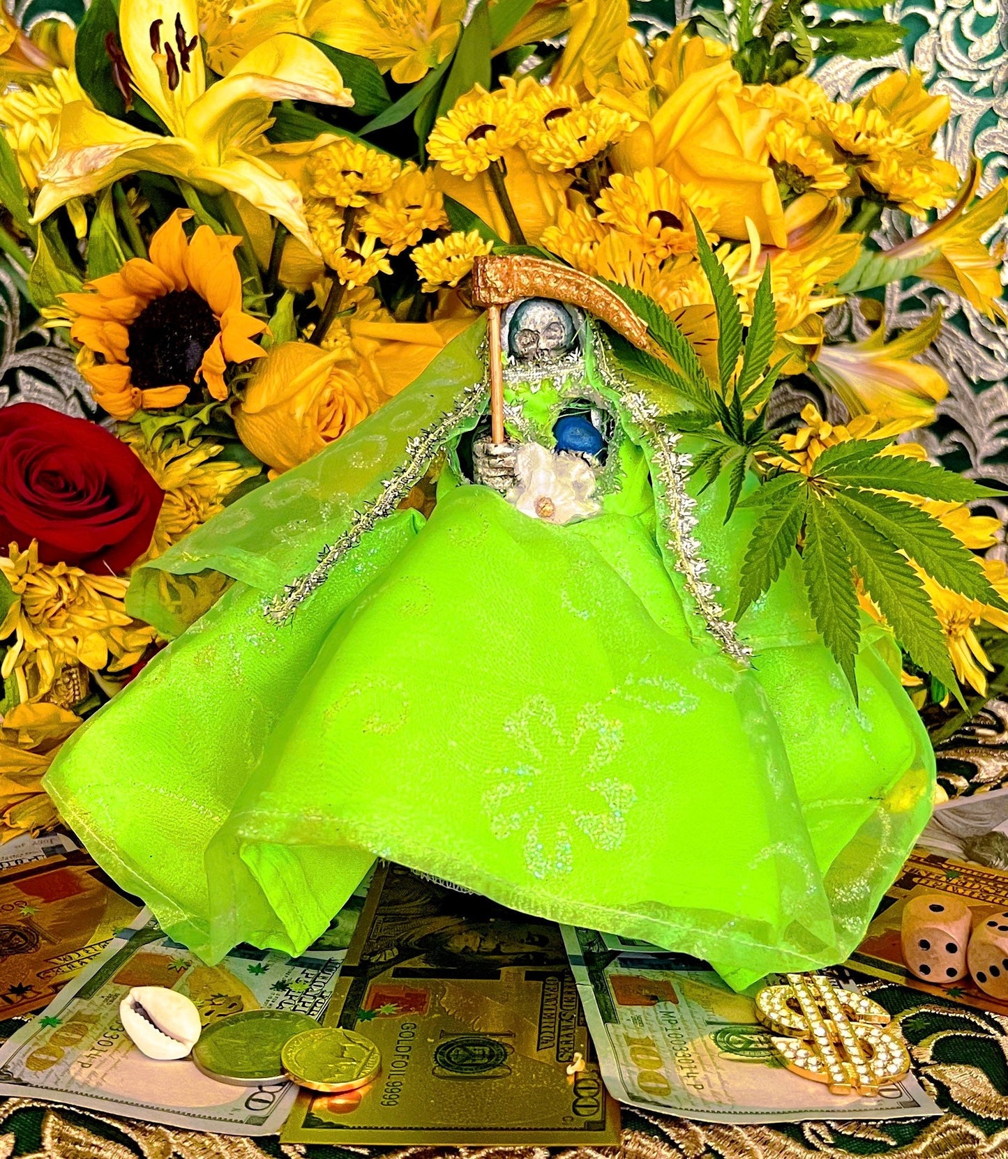 Santa Muerte Verde Statue with Dress + Green + Money + Legal Issues + Justice + Baptized + Fixed + Made in Mexico + 24K Gold Leaf on Scythe