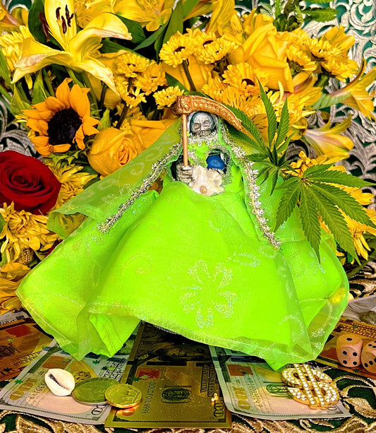 Santa Muerte Verde Statue with Dress + Green + Money + Legal Issues + Justice + Baptized + Fixed + Made in Mexico + 24K Gold Leaf on Scythe