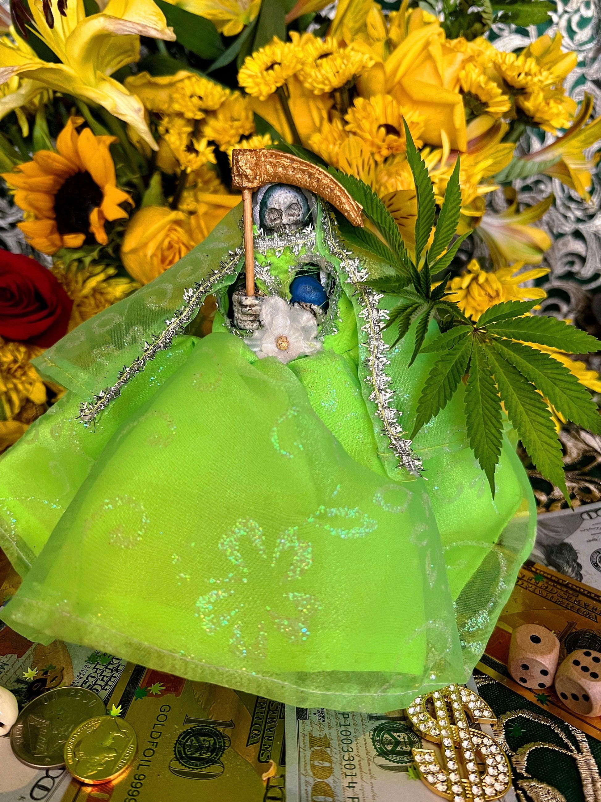 Santa Muerte Verde Statue with Dress + Green + Money + Legal Issues + Justice + Baptized + Fixed + Made in Mexico + 24K Gold Leaf on Scythe