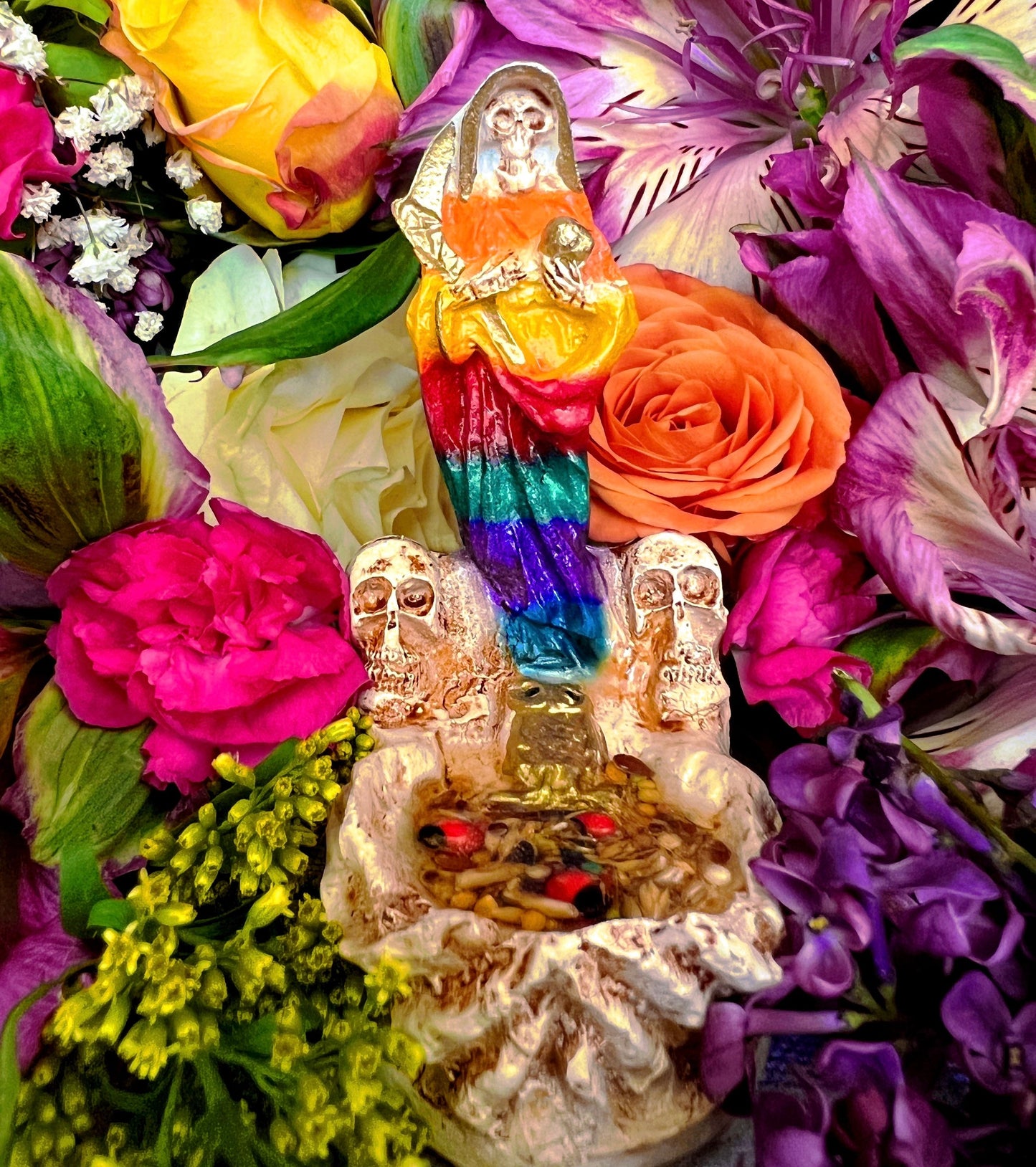 Santa Muerte Siete Colores Statuette in Hands + Baptized + Blessed + Fixed + Made in Mexico