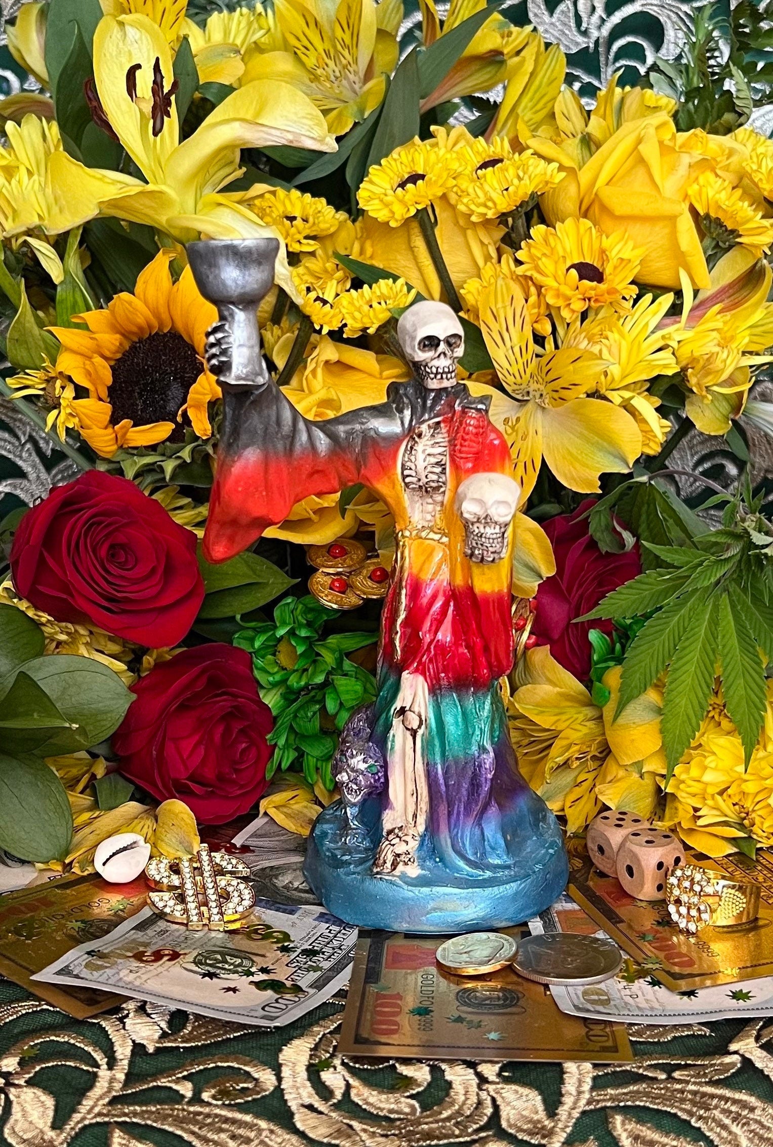 Last One! Santa Muerte Siete Colores Chalice & Cat Statue + Sterling Silver + Baptized + Fixed + Made in Mexico + Gato Negro