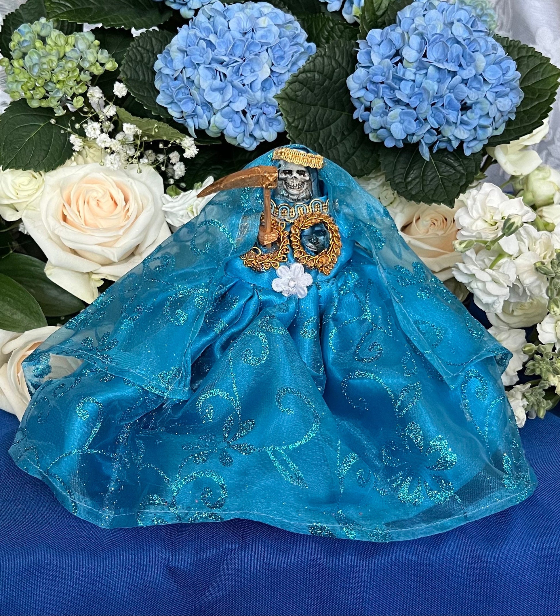 Santa Muerte Azul / Blue Statue with Dress + 24K Gold + Baptized + Fixed + Made in Mexico
