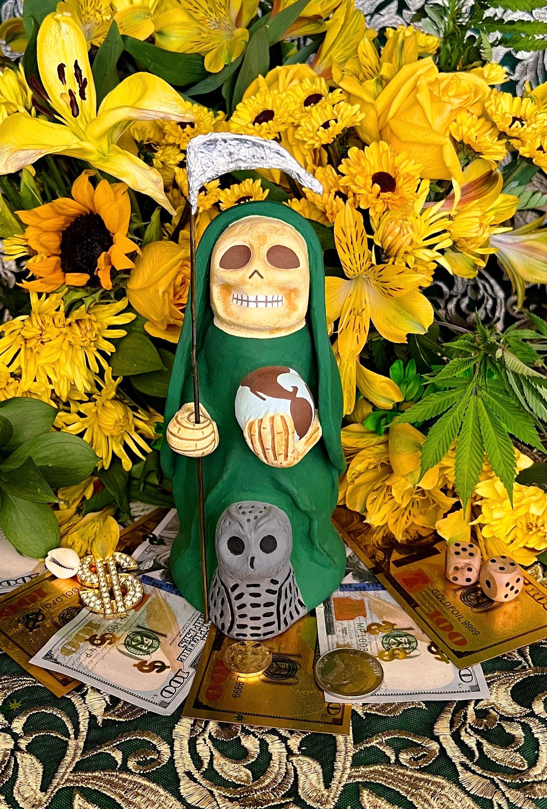 Santa Muerte Verde Statue + Green + Mictecacihuatl + Mictlantecihuatl + Traditionally Crafted from Mexican Clay + 1 of Kind + Made in Mexico
