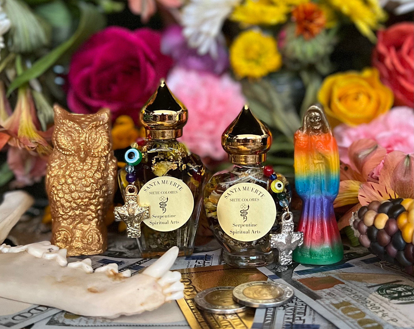 Santa Muerte Siete Colores Oil + All-Purpose + Love + Luck + Money + Siete Potencias