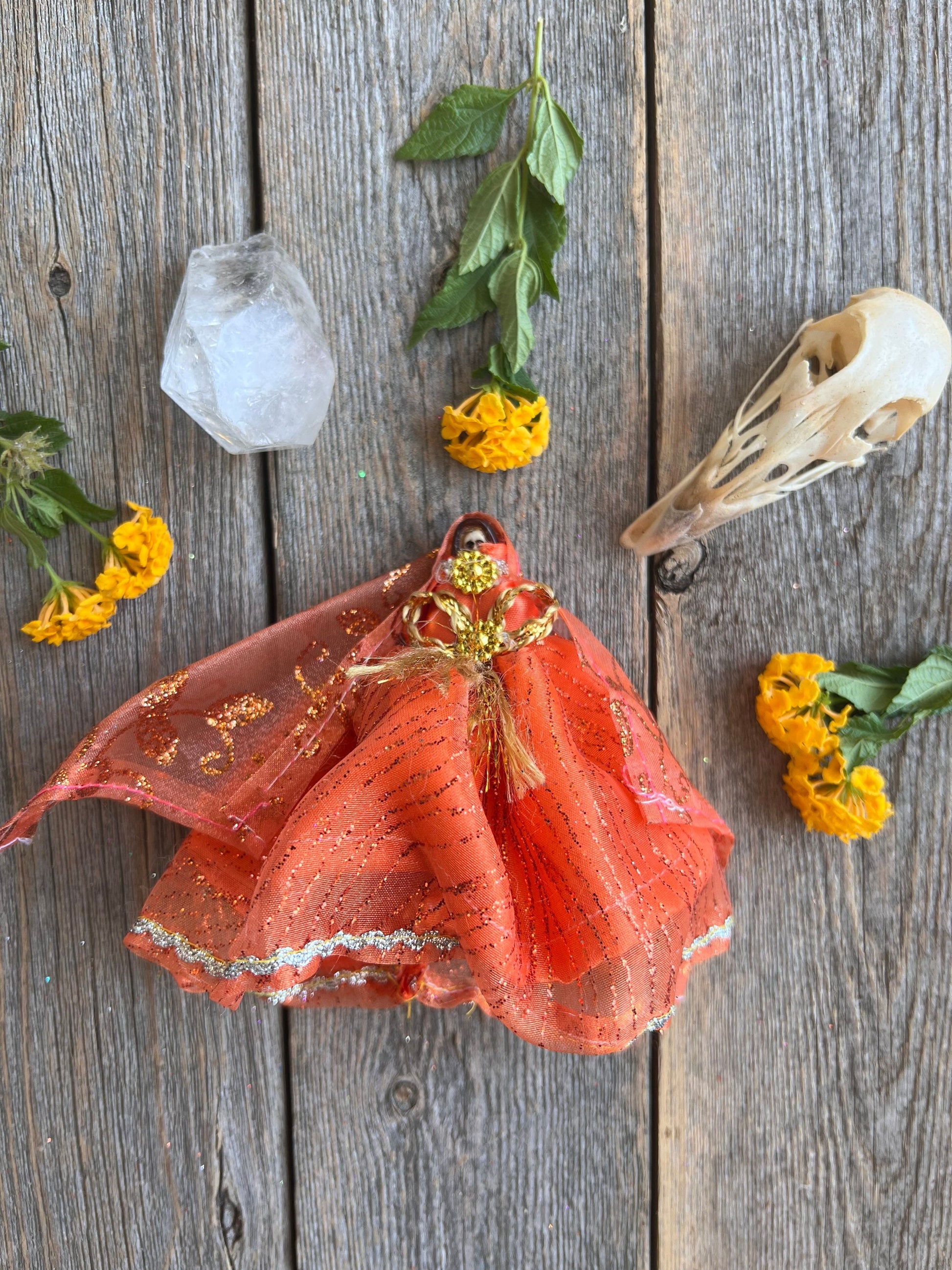 Santa Muerte Naranja Statue with Dress + Baptized + Fixed + Made in Mexico + Orange + Abre Camino + Transformation + Overcoming Addiction