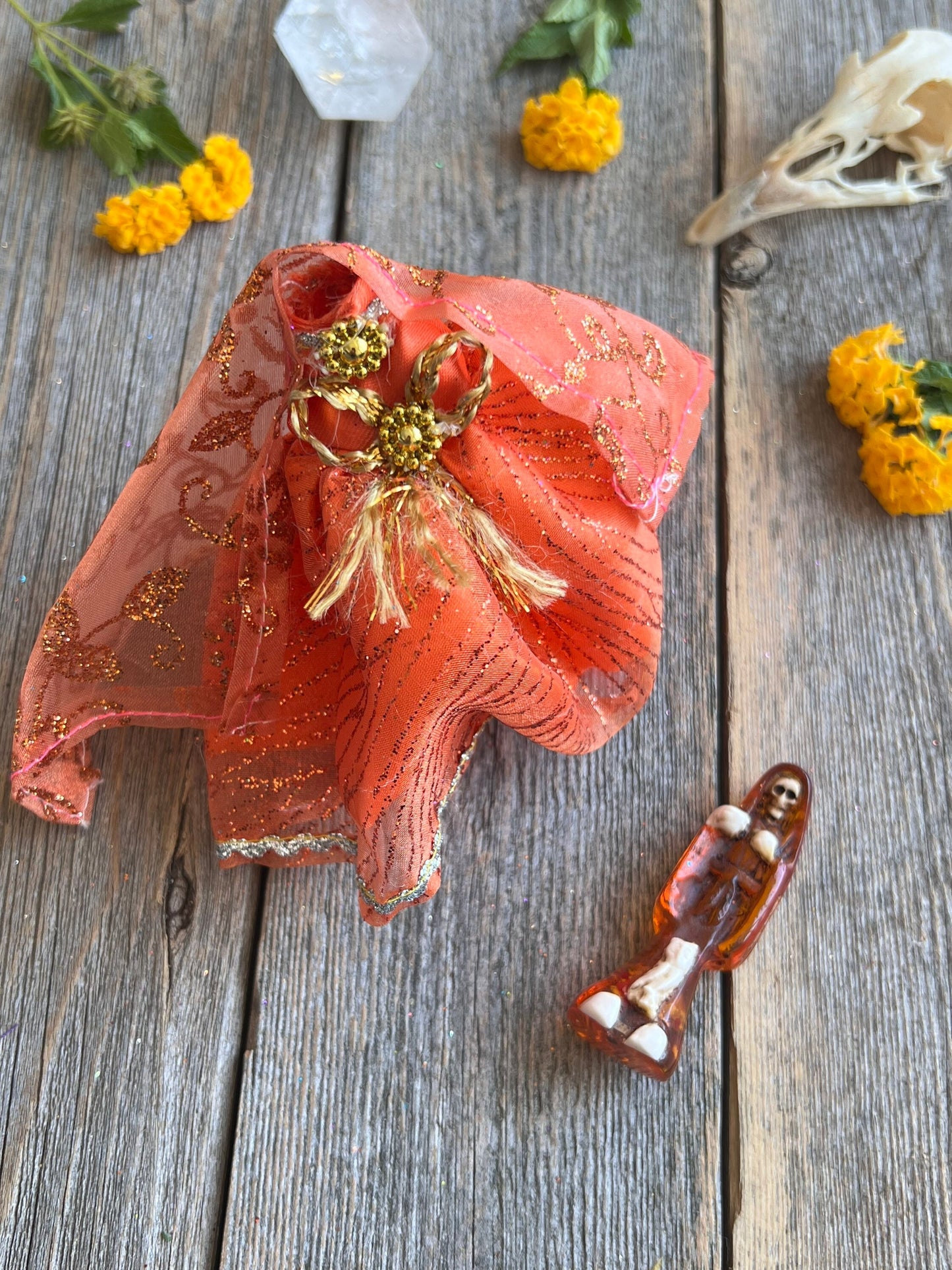 Santa Muerte Naranja Statue with Dress + Baptized + Fixed + Made in Mexico + Orange + Abre Camino + Transformation + Overcoming Addiction