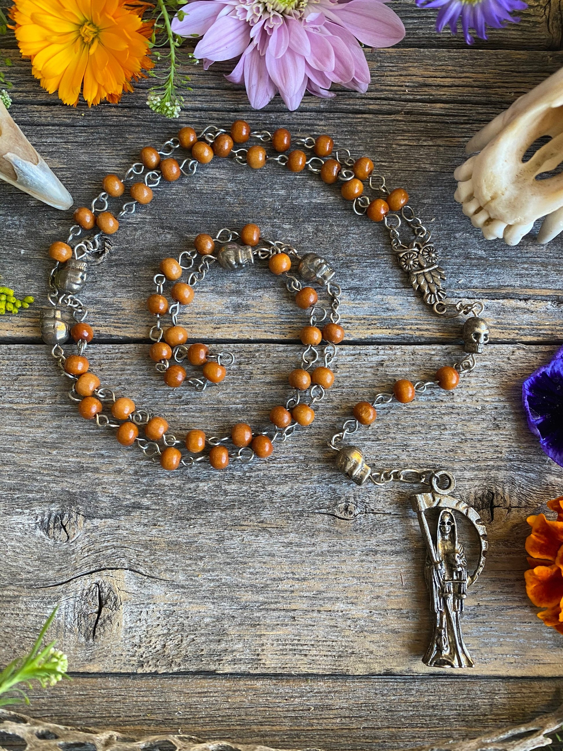 Santa Muerte Marron Rosary with Wood Beads & Santa Muerte Charm + Blessed + Sterling Silver Plated Chain + Handcrafted + Rosario