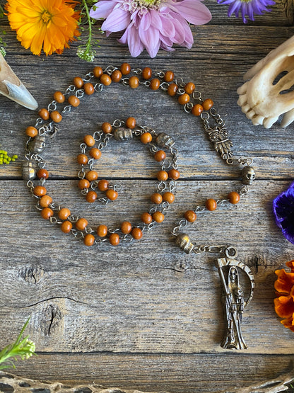 Santa Muerte Marron Rosary with Wood Beads & Santa Muerte Charm + Blessed + Sterling Silver Plated Chain + Handcrafted + Rosario