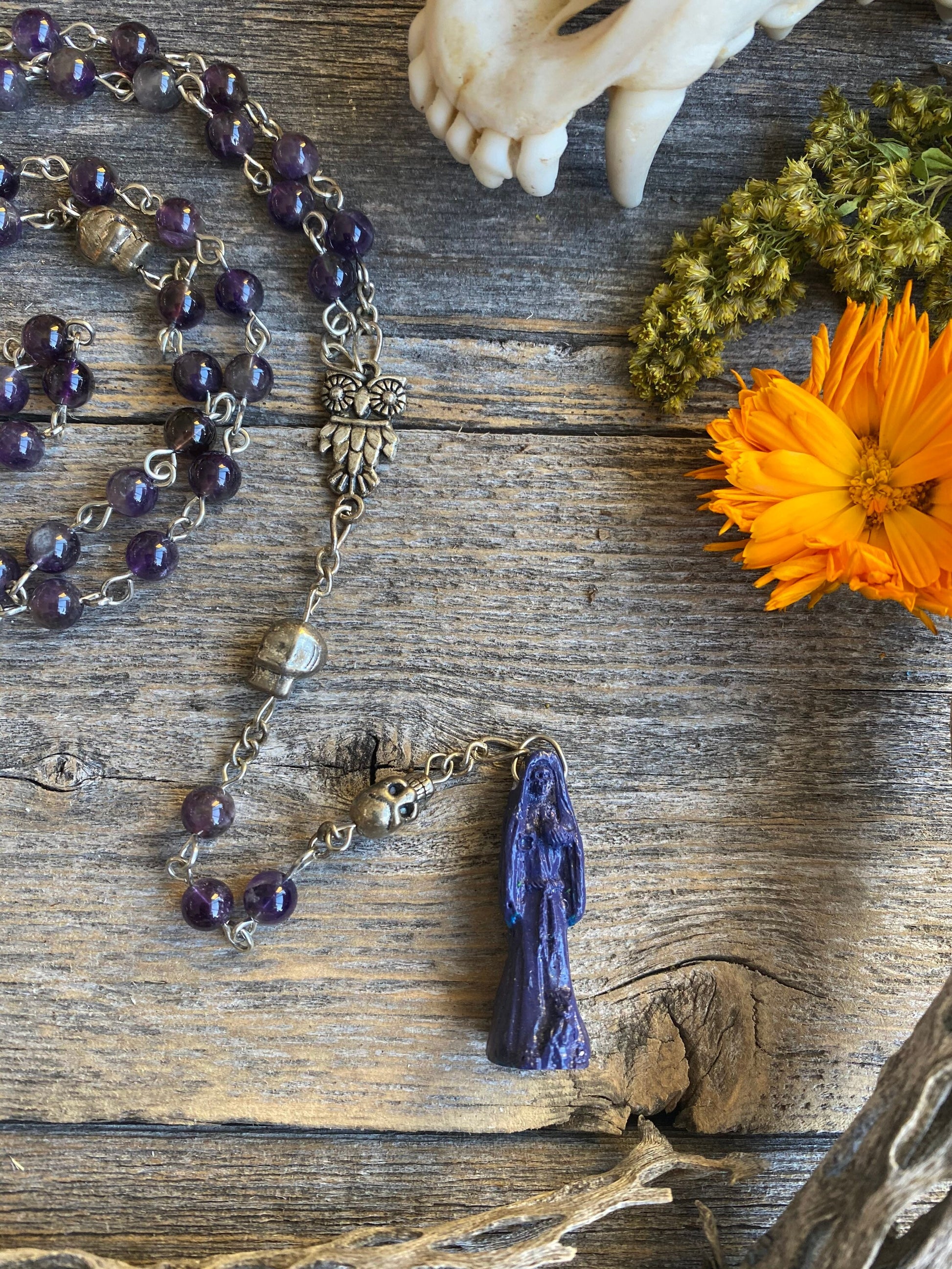 Santa Muerte Morada Rosary + Spirituality + Psychic + Amethyst + Blessed + Purple + Gemstone + Handcrafted + Sterling Silver Chain + Rosario