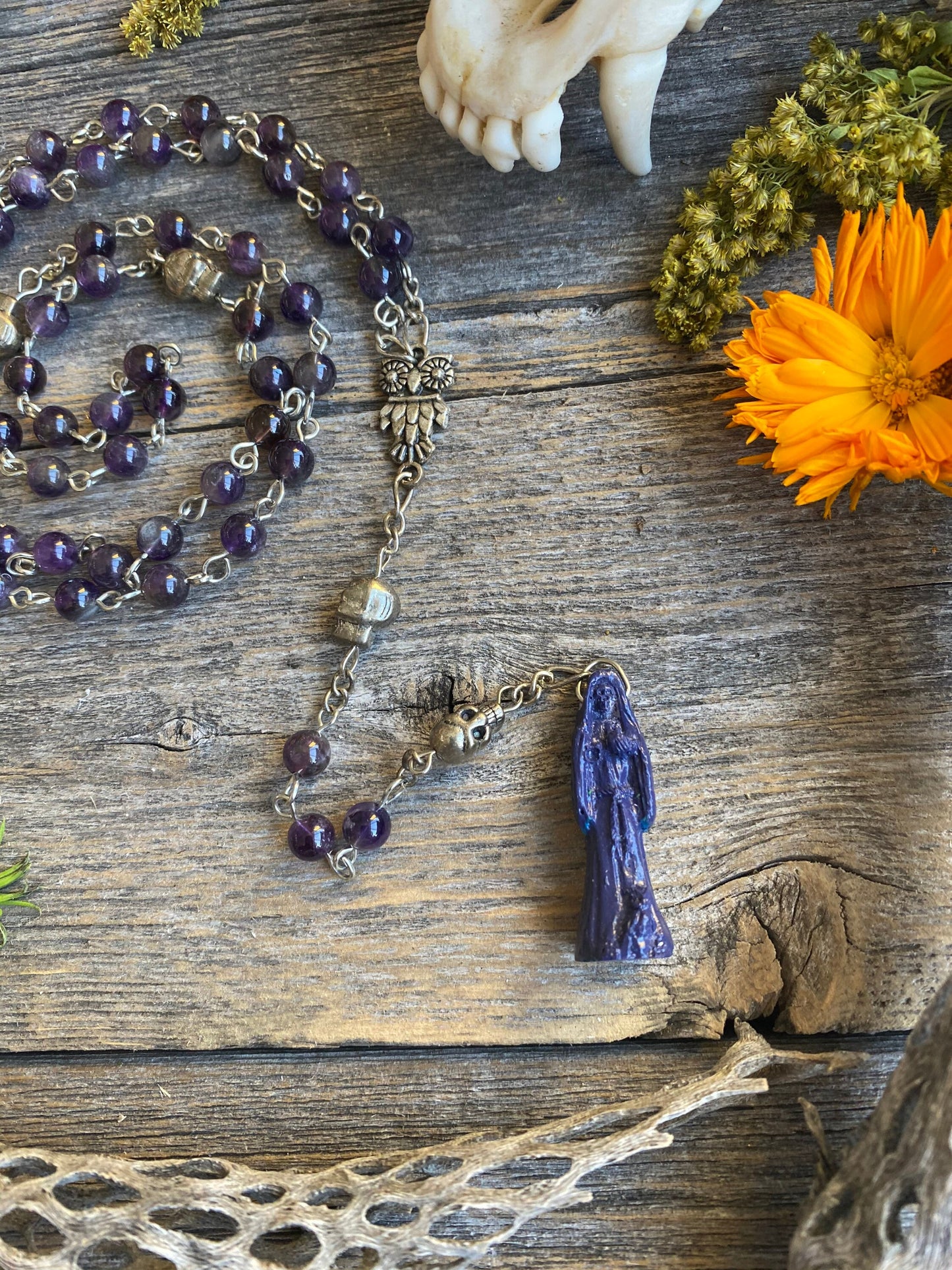 Santa Muerte Morada Rosary + Spirituality + Psychic + Amethyst + Blessed + Purple + Gemstone + Handcrafted + Sterling Silver Chain + Rosario