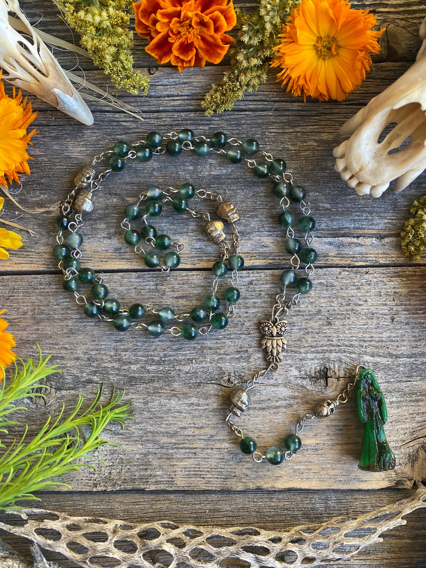 Santa Muerte Verde Rosary + Moss Agate + Green + Money + Legal Issues + Justice + Blessed + Sterling Silver Plated Chain + Handcrafted