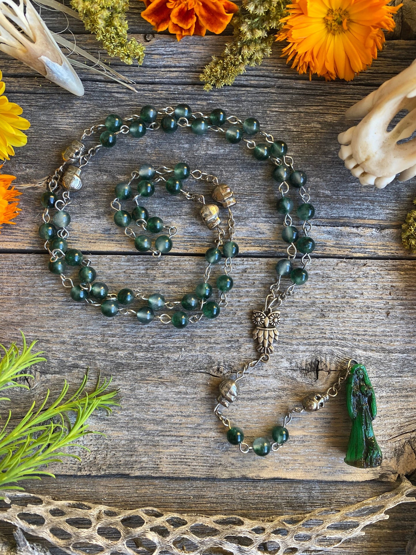 Santa Muerte Verde Rosary + Moss Agate + Green + Money + Legal Issues + Justice + Blessed + Sterling Silver Plated Chain + Handcrafted