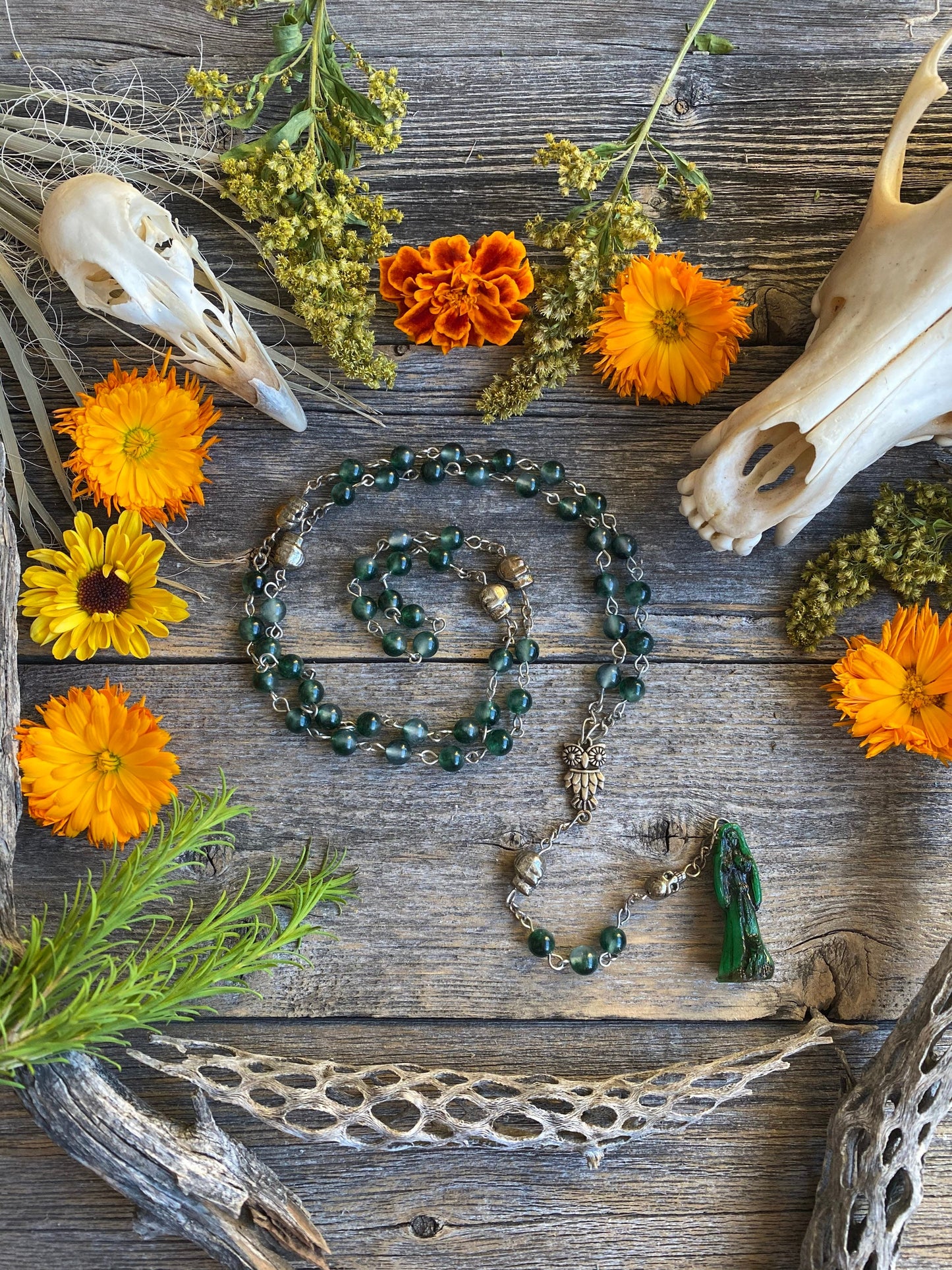 Santa Muerte Verde Rosary + Moss Agate + Green + Money + Legal Issues + Justice + Blessed + Sterling Silver Plated Chain + Handcrafted