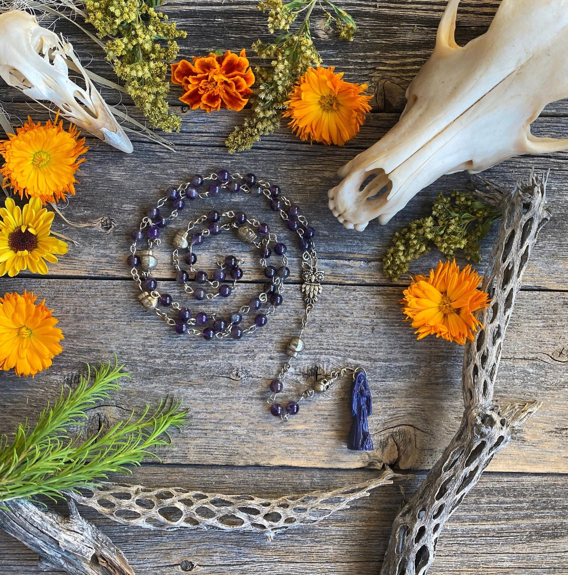 Santa Muerte Morada Rosary + Spirituality + Psychic + Amethyst + Blessed + Purple + Gemstone + Handcrafted + Sterling Silver Chain + Rosario