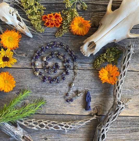 Santa Muerte Morada Rosary + Spirituality + Psychic + Amethyst + Blessed + Purple + Gemstone + Handcrafted + Sterling Silver Chain + Rosario