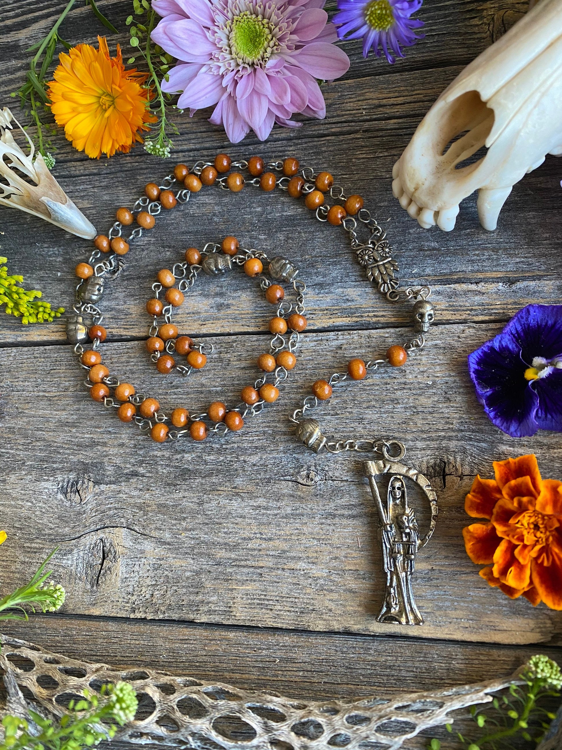 Santa Muerte Marron Rosary with Wood Beads & Santa Muerte Charm + Blessed + Sterling Silver Plated Chain + Handcrafted + Rosario