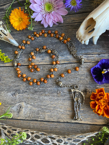Santa Muerte Marron Rosary with Wood Beads & Santa Muerte Charm + Blessed + Sterling Silver Plated Chain + Handcrafted + Rosario