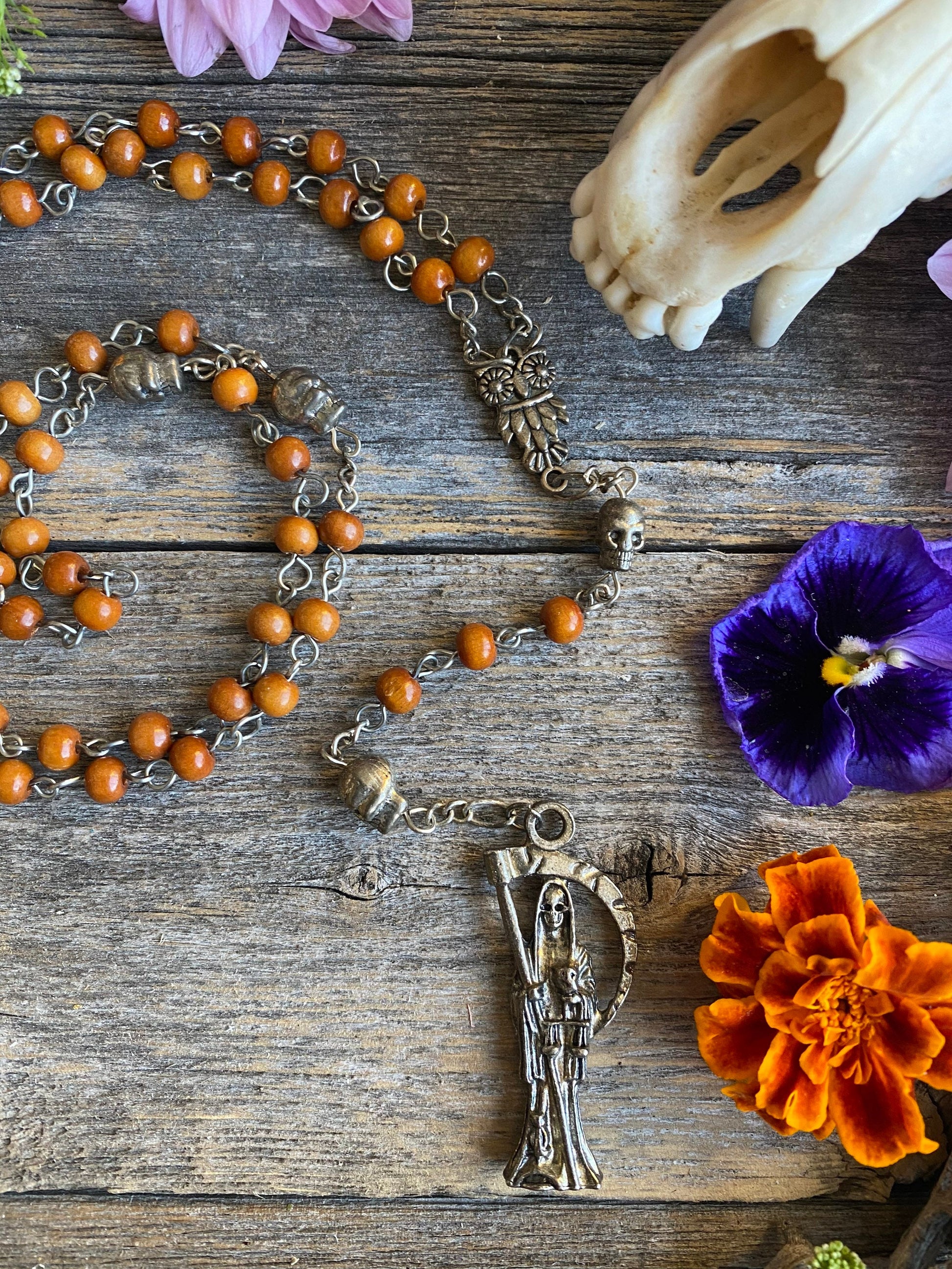 Santa Muerte Marron Rosary with Wood Beads & Santa Muerte Charm + Blessed + Sterling Silver Plated Chain + Handcrafted + Rosario