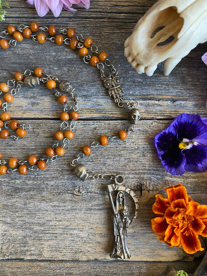 Santa Muerte Marron Rosary with Wood Beads & Santa Muerte Charm + Blessed + Sterling Silver Plated Chain + Handcrafted + Rosario
