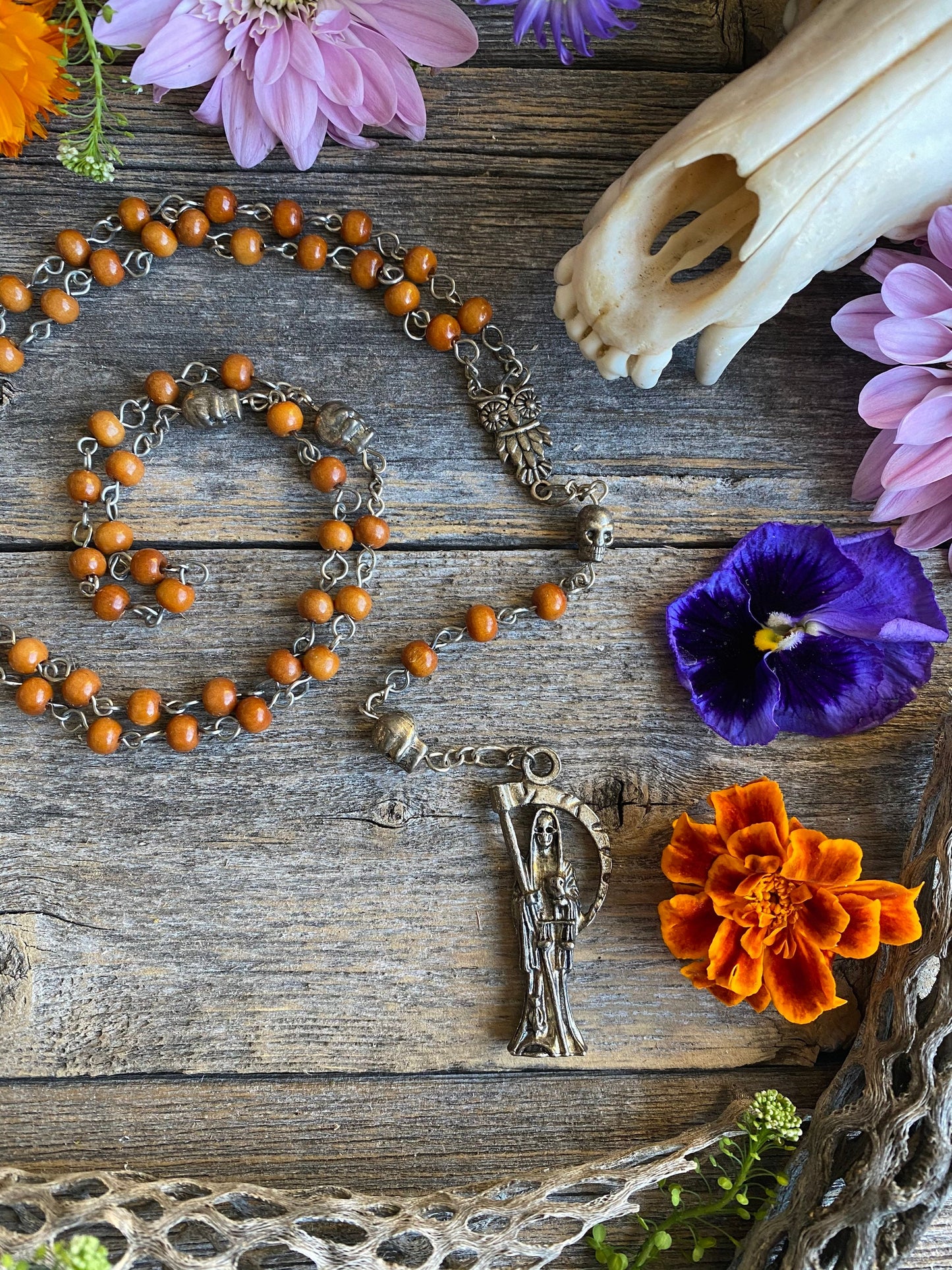 Santa Muerte Marron Rosary with Wood Beads & Santa Muerte Charm + Blessed + Sterling Silver Plated Chain + Handcrafted + Rosario