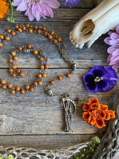 Santa Muerte Marron Rosary with Wood Beads & Santa Muerte Charm + Blessed + Sterling Silver Plated Chain + Handcrafted + Rosario